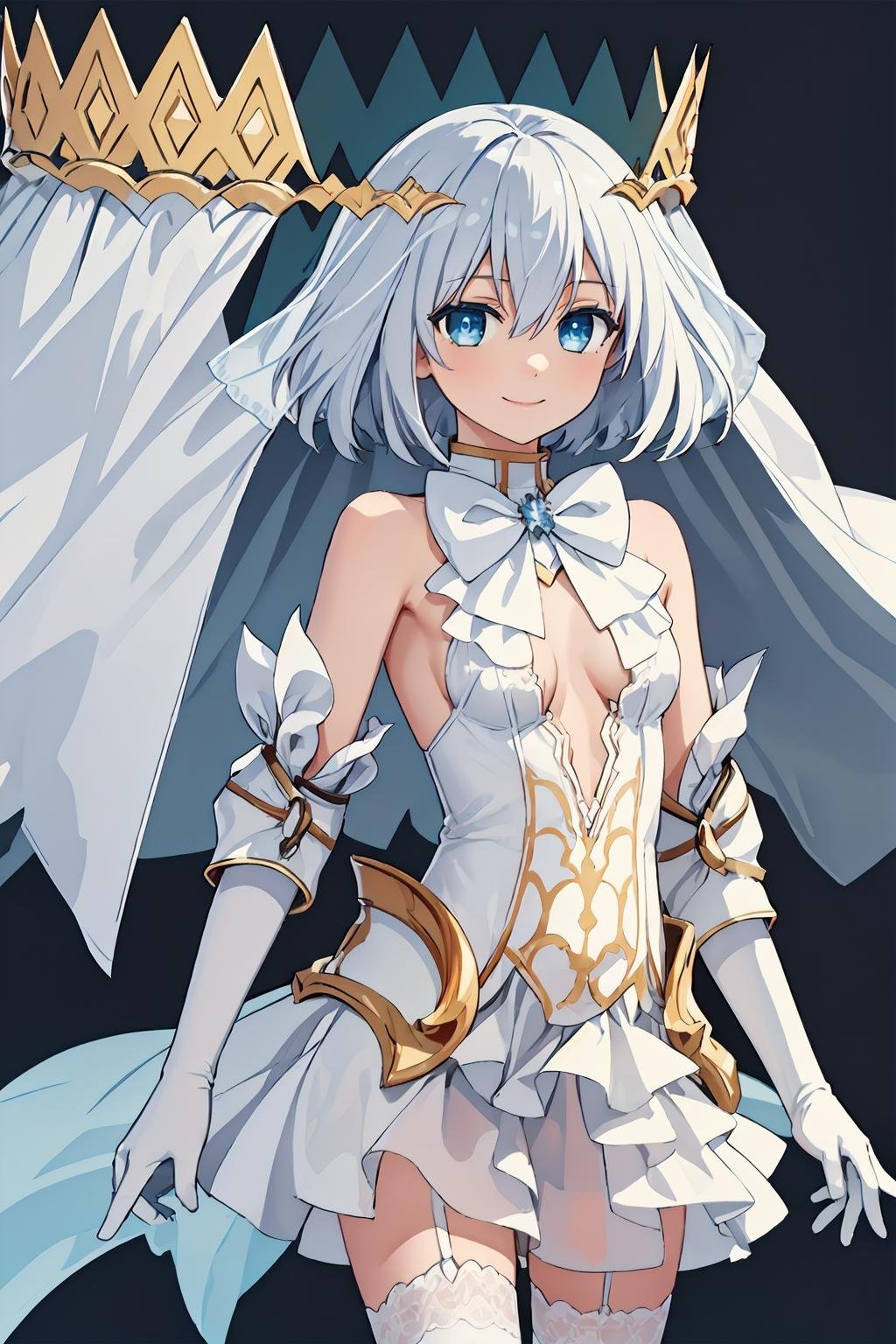 masterpiece, best quality, 1girl, <lora:tobiichi_origami_angel-000002:0.8>, tobiichi origami angel, blue eyes, solo, standing, crown, white hair, short hair, bangs, hair between eyes, white veil, looking at viewer, smile, bare shoulders, cleavage, small breasts, detached sleeves, elbow gloves, white bow, white bowtie, (white dress:1.2), white gloves, cowboy shot, white thighhighs, simple background, center opening,