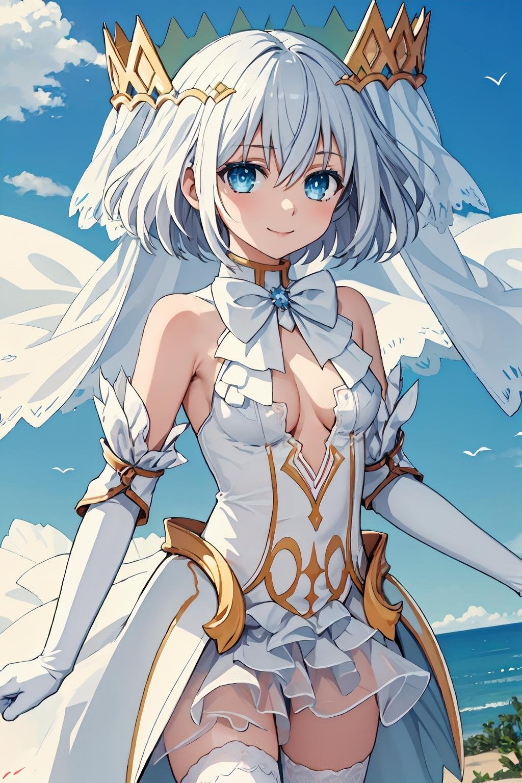 masterpiece, best quality, 1girl, <lora:tobiichi_origami_angel-000002:0.8>, tobiichi origami angel, blue eyes, solo, standing, crown, white hair, short hair, bangs, hair between eyes, looking at viewer, smile, bare shoulders, cleavage, small breasts, detached sleeves, elbow gloves, white bow, white bowtie, (white dress:1.2), white gloves, cowboy shot, white thighhighs, center opening,