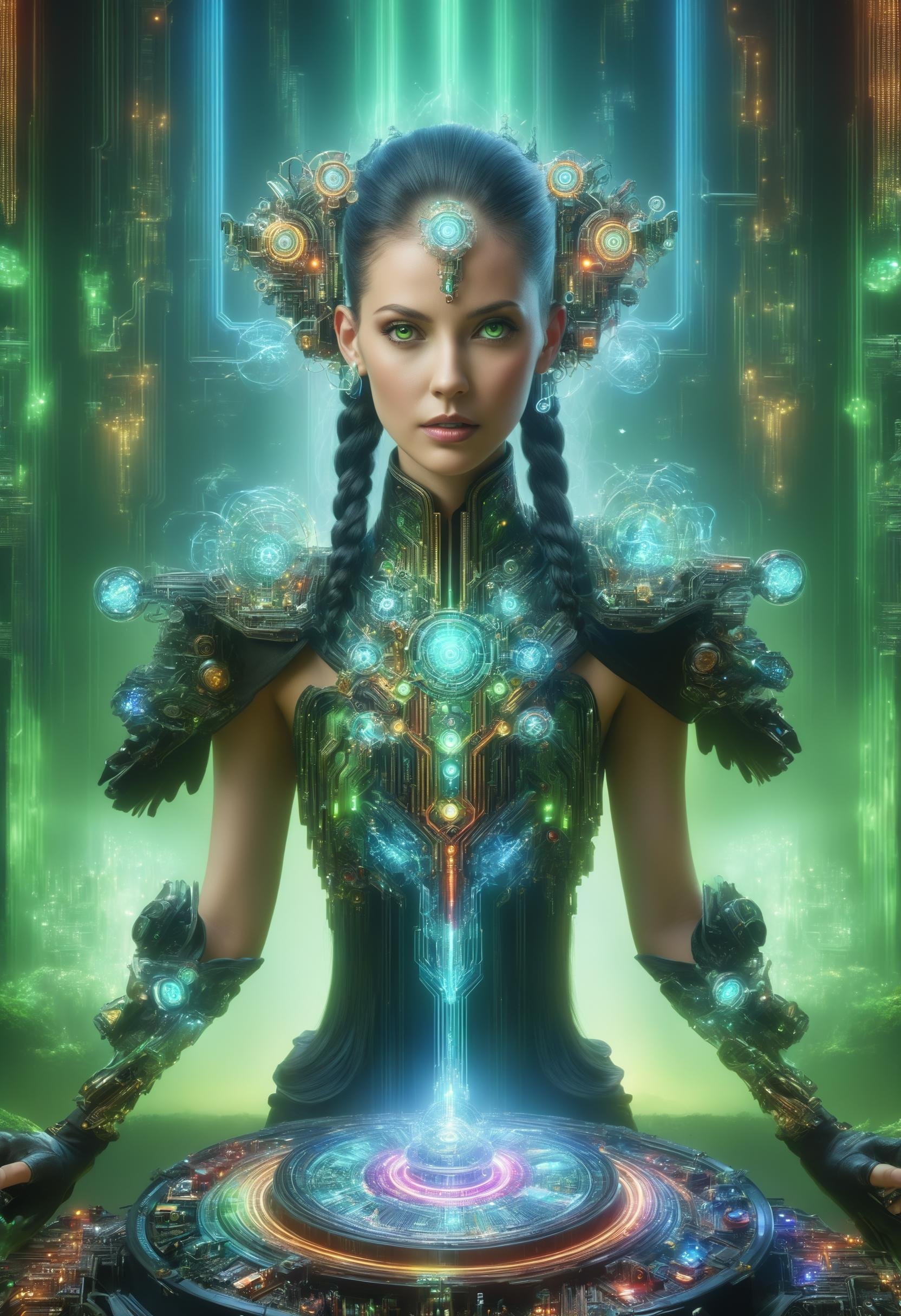 DonMQu4n7umZ3r0XL female tetsucabra, enchanter, faerie bow, steampunk city, aurora,jungle,trogloxene,quantum tech, futuristic,circuit board,<lora:DonMQu4n7umZ3r0XL-000006:0.8>, 