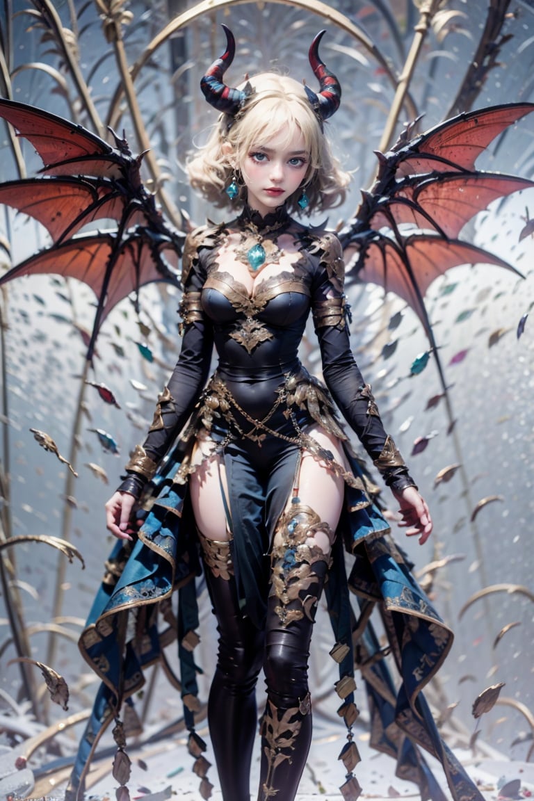 female, ((masterpiece, best quality, ultra detailed, absurdres),looking at viewer, short hair, bangs, blue eyes, blonde hair, thighhighs, long sleeves, dress, cleavage, jewelry, medium breasts, standing, upper body, weapon, earrings, wings, horns, black thighhighs, lips, covered navel, blue dress, demon girl, demon horns, gem, bridal gauntlets, pelvic curtain, demon wings on back, arms at sides,red lips,demonhorns, viewed_from_behind, 