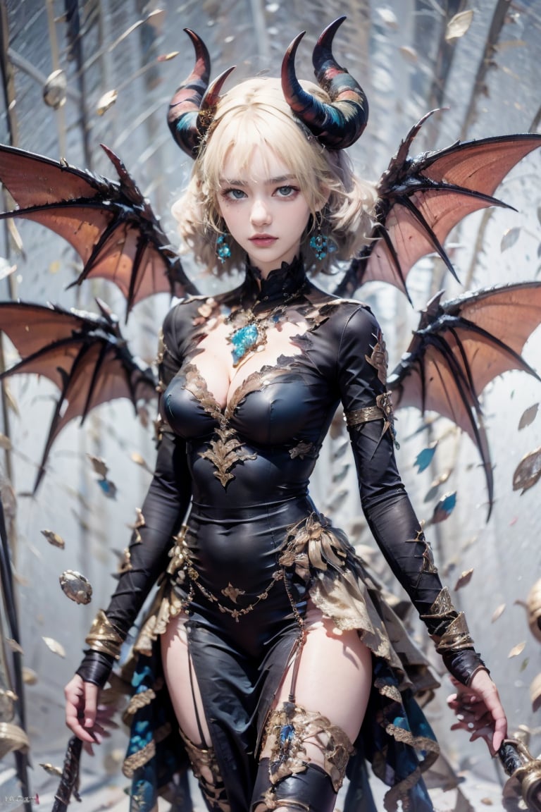 female, ((masterpiece, best quality, ultra detailed, absurdres),looking at viewer, short hair, bangs, blue eyes, blonde hair, thighhighs, long sleeves, dress, cleavage, jewelry, medium breasts, standing, upper body, weapon, earrings, wings, horns, black thighhighs, lips, covered navel, blue dress, demon girl, demon horns, gem, bridal gauntlets, pelvic curtain, demon wings, arms at sides,red lips,demonhorns