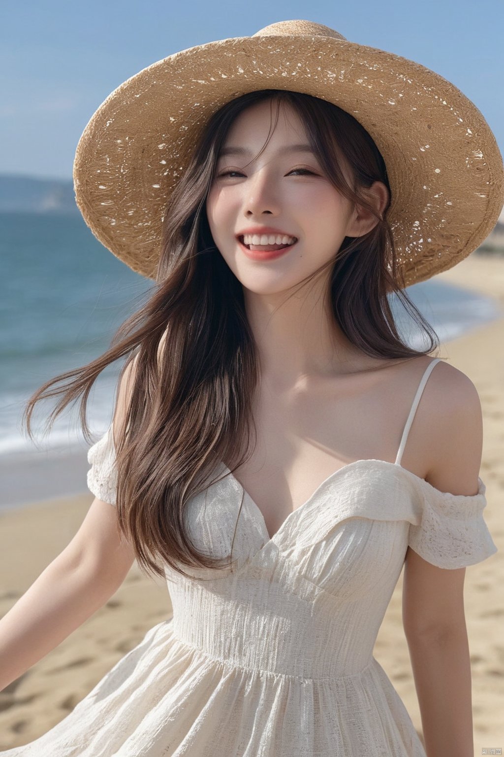 masutepiece, Best Quality, Ultra-detailed, finely detail, hight resolution, 8K Wallpaper, Perfect dynamic composition, Natural Color Lip, Korean girl, laugh, (wearing a straw hat and a dress:1.1), (Long hair:1.3), (The wind blows my long hair:1.3), breasts, dynamic pose, facing reality, 20 years girl, fullbody shot, Realism, coast background,
