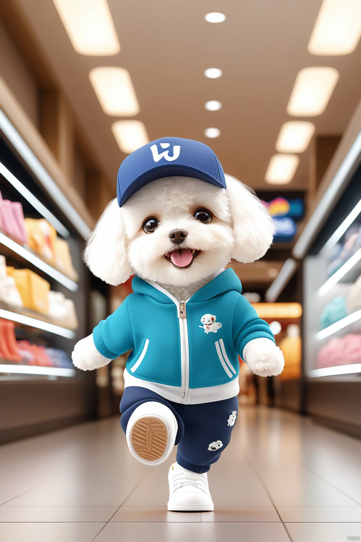  (chibi:1.5), a cute little Bichon Frise (anthropomorphic) wearing stylish clothes ( clothe and hat, athleisure pants,white shoes) runing in a shopping mall, facing the camera and smiling, Happy bouncing,outstretched arms, hyperdetailed intricately detailed, fantastical, intricate detail, complementary colours, fantasy, concept art, 8k resolution, maomika
