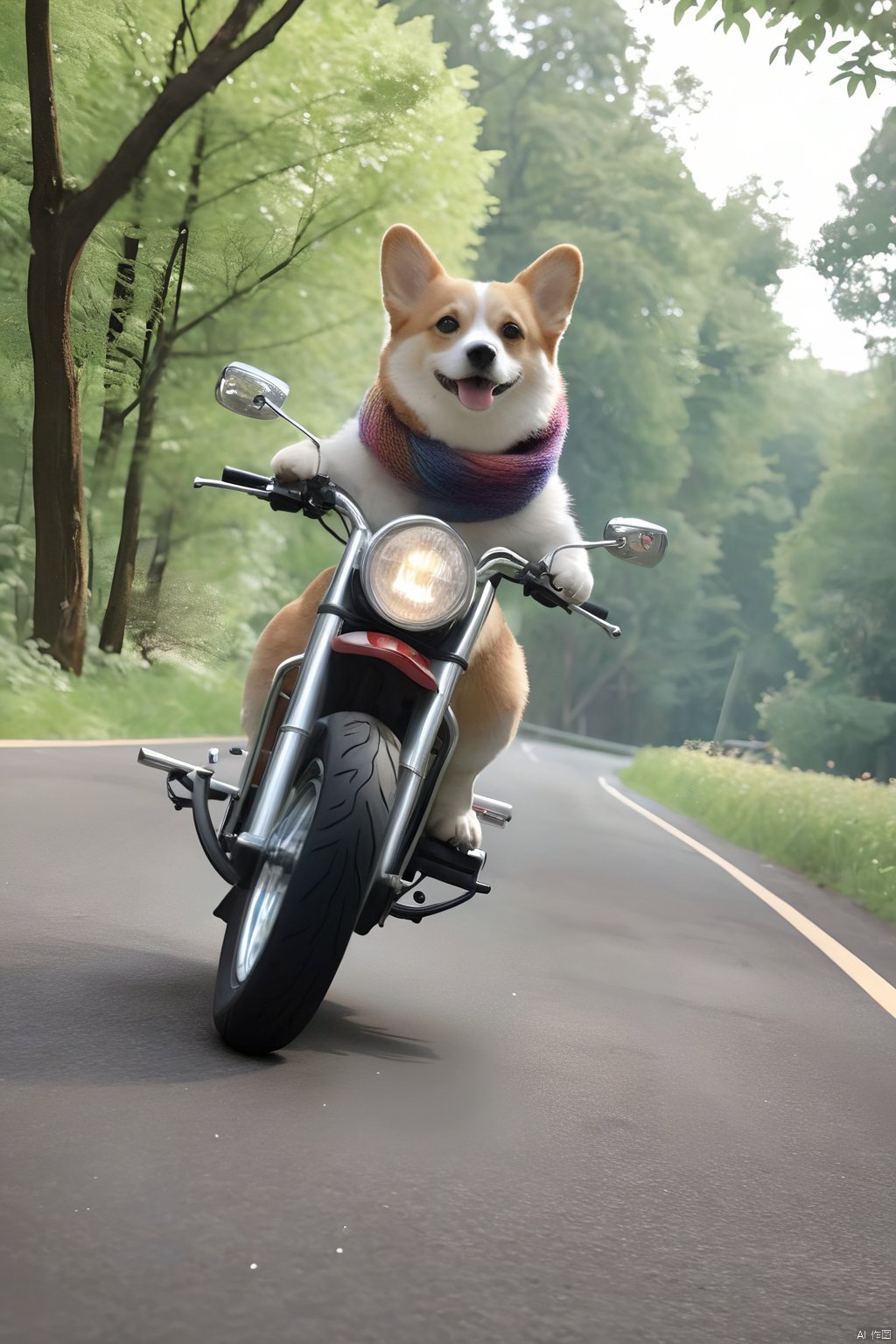 very beautiful,high quality,(a dog riding a motorcycle:1.1),corgi,dog,solo,(motor vehicle:1.2),riding,scarf,running on the rainbow,tree,extreme perspective,looking up at the camera,rainbow,furry,3d style,C4D,blender,kawaii,water spray,speed,bifrost,(masterpiece:1.2), best quality,PIXIV,humorous,beautiful colorful background,