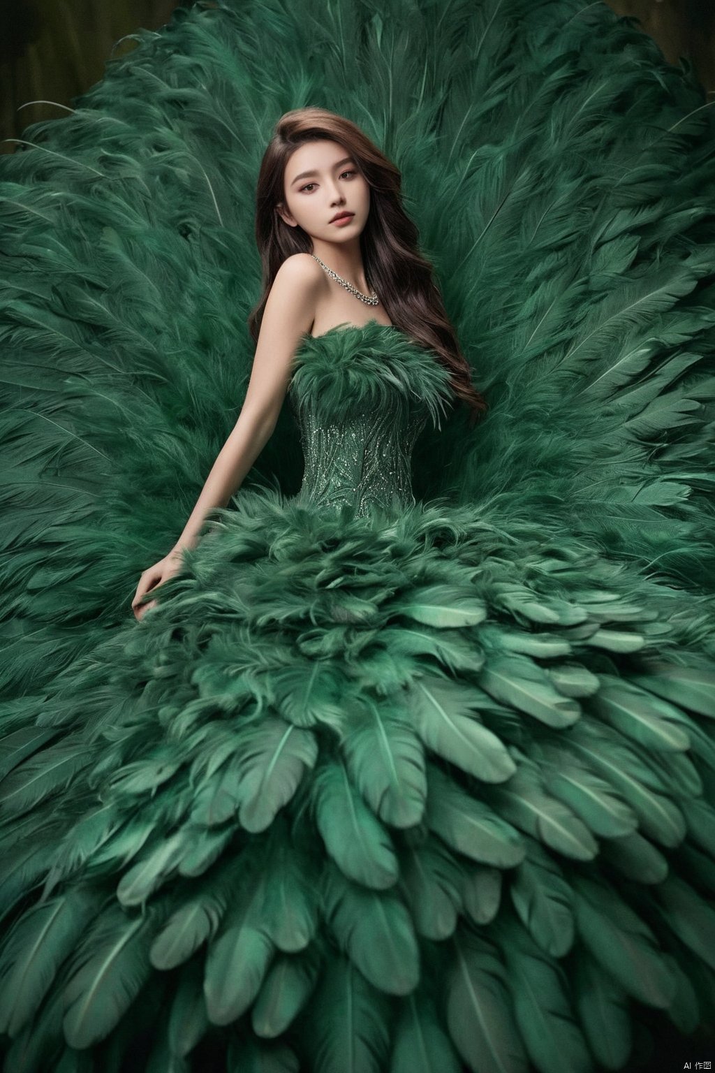 1girl,a gorgeous long dress made of feathers,green feather,huge feathers,complex background,beautiful background,(feathers everywhere:1.3),depth of field level,