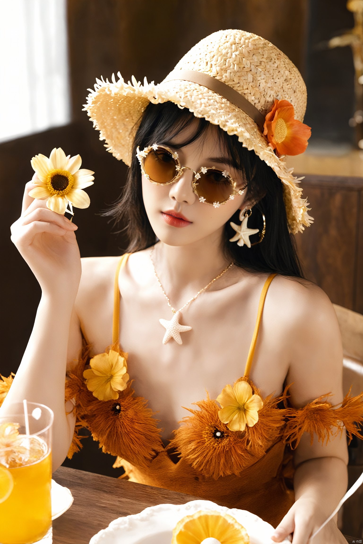  hubg_jsnh,（absurdres, highres, ultra detailed, 1girl, solo, extremely detailed eyes, starfish, seashell, shell, flower, hat, hair ornament, jewelry, straw hat, looking at viewer, sunglasses, hat flower, drinking straw, hairclip, earrings, red flower, tinted eyewear, yellow flower, bangs, english text, multicolored hair, orange flower, black hair, ring, cup, long hair, orange-tinted eyewear, food, brown hair, portrait, shell hair ornament）,full body