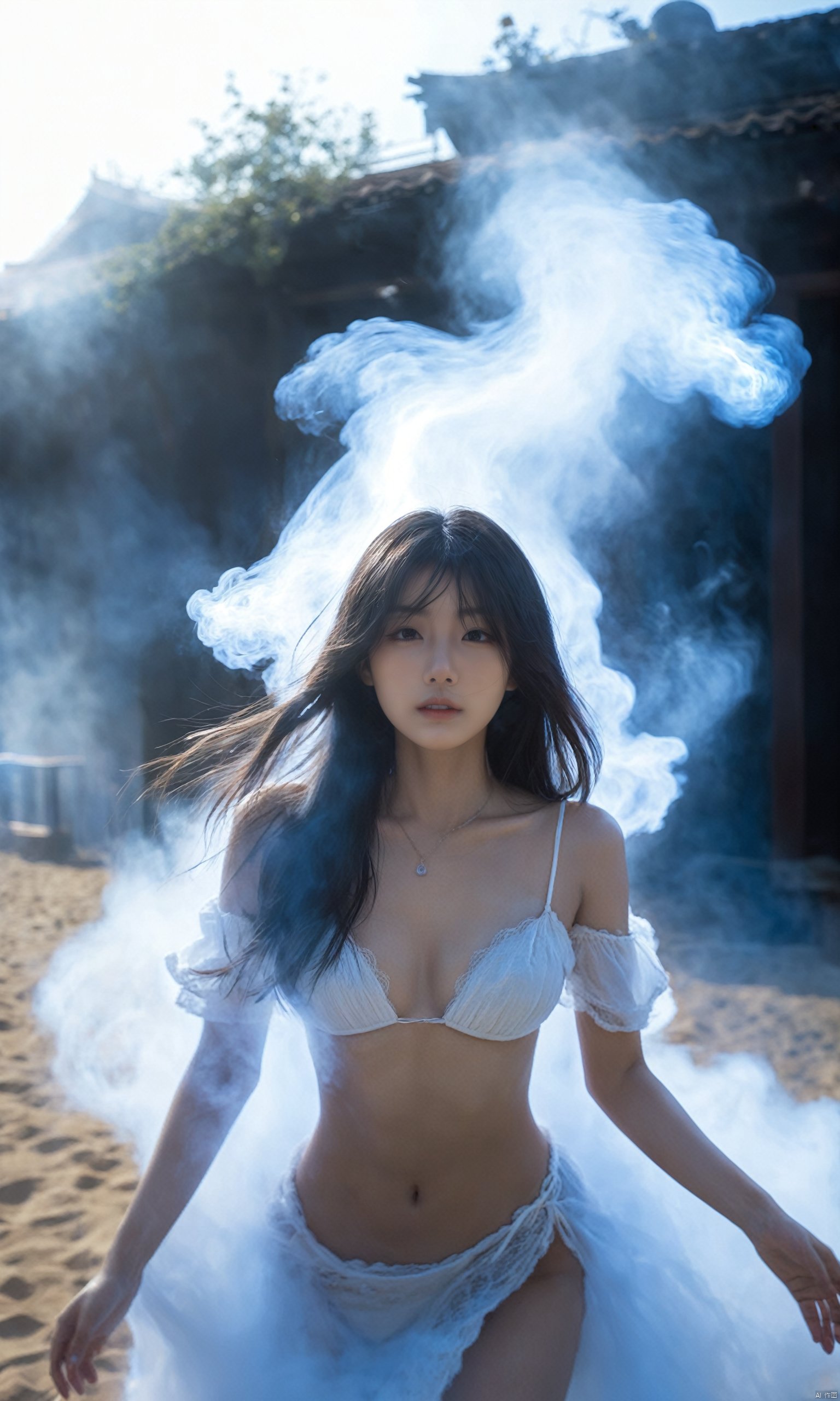  wabstyle, glowing, robe, (fog,:1.2) (mist:1.2), smoke, girl composed of white light, girl composed of black smoke, fire, sun, 1girl, small breasts, long hair, solo, (photorealistic:1.4), cowboy shot, cinematic angle, fisheye, motion blur, nude,sexly, shoujo kitou-chuu,blue fire, frie rain, Long hair fluttering in the wind, loong,wave,