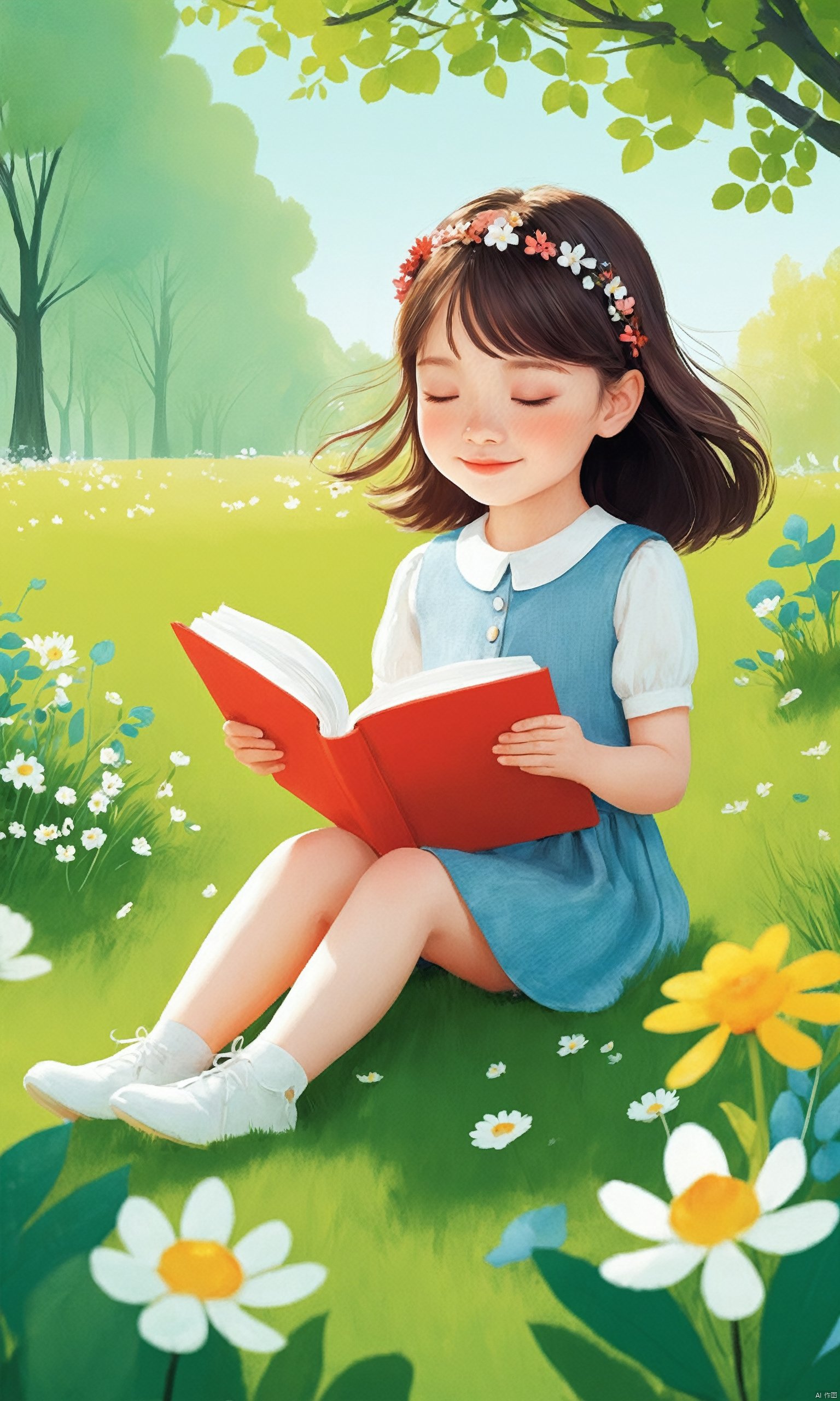 flat Illustrations, A Cute Little Girl is Enjoying the Spring Greenery in the Park,hildren’s Picture Book Illustrations, Nordic Style, , Bright and Colorful Colors, Lovely Narrative, Rich and Colorful Content, High Definition, 8K., colorful