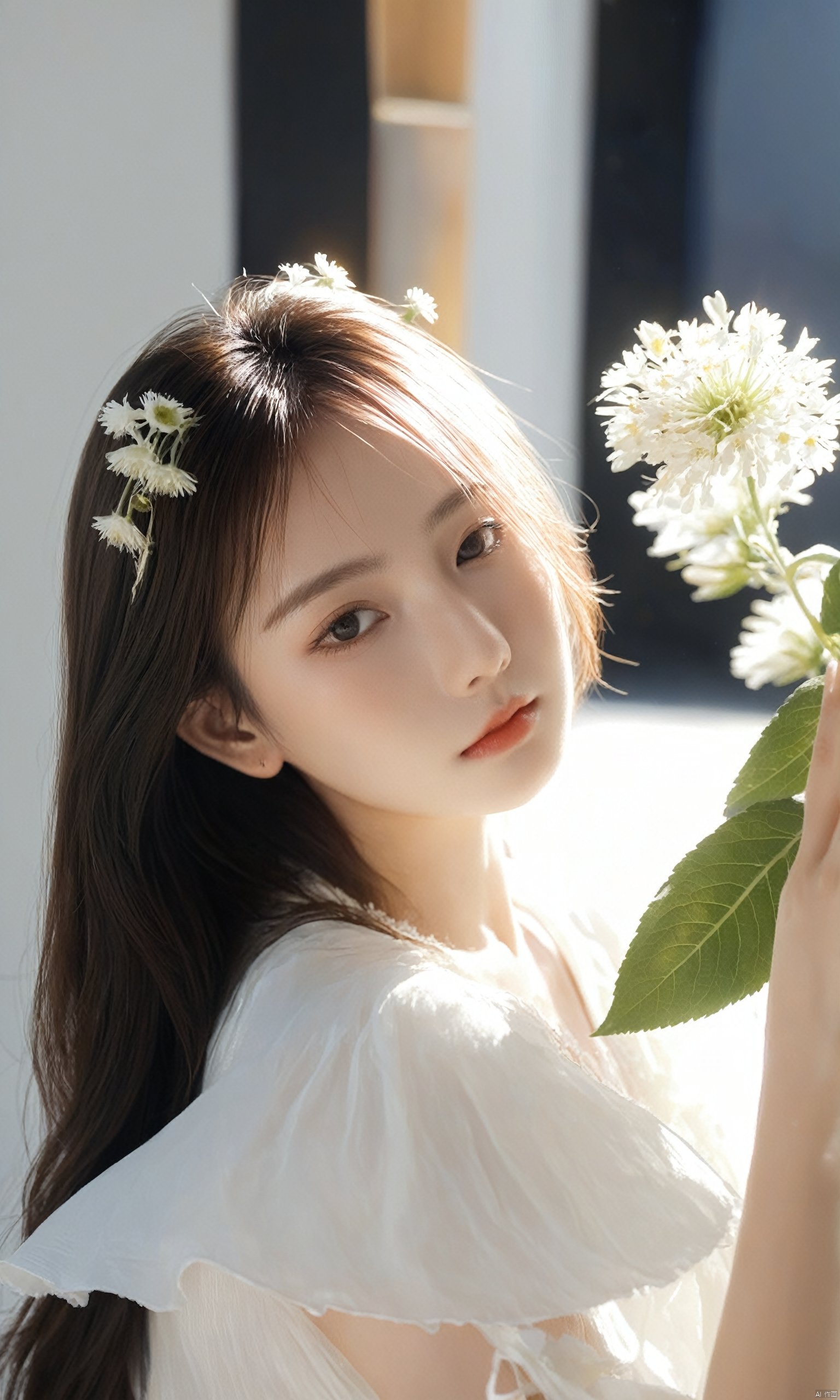 8K,raw,1girl,white flower, sunlight, HUBG_Beauty_Girl,