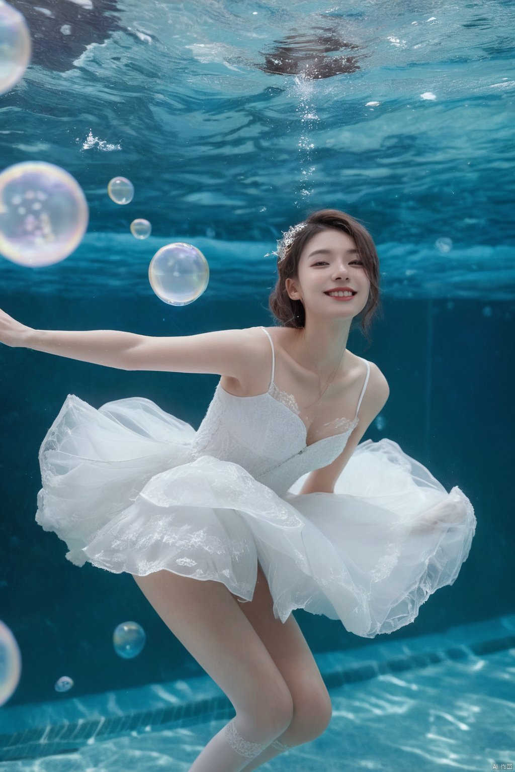  finely detail,masterpiece,best quality,incredibly absurdres,4k,
1girl,wedding_dress,((white stockings)),smile,
full body,underwater, Floating hair,swimming,bent_over,Floating in water, bubbles, foam,