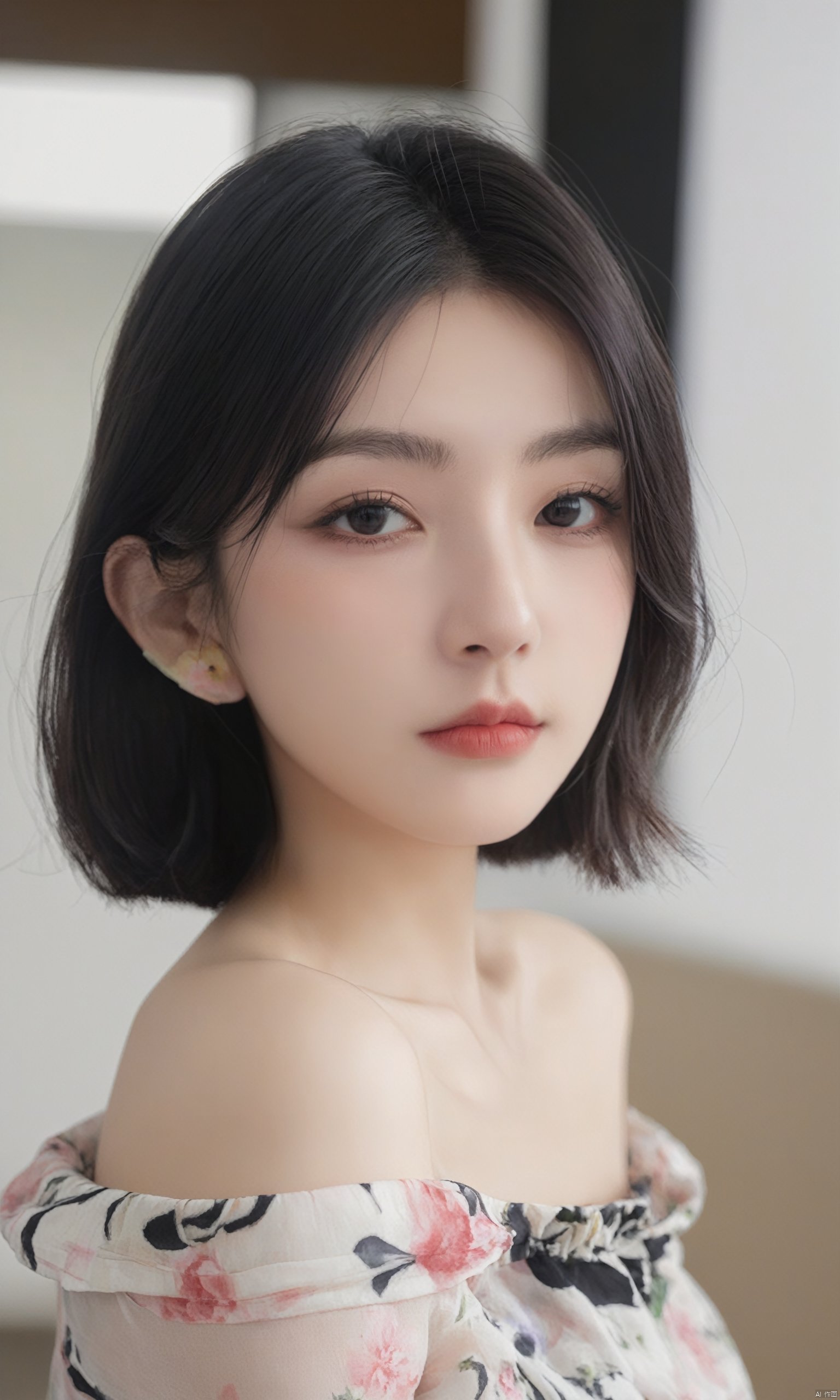 FilmGirl, 1girl, solo, looking at viewer, black hair, short hair, upper body, black eyes, lips, realistic, floral print, bare shoulders, closed mouth, collarbone, forehead, blurry, indoors, blurry background, off shoulder, shirt