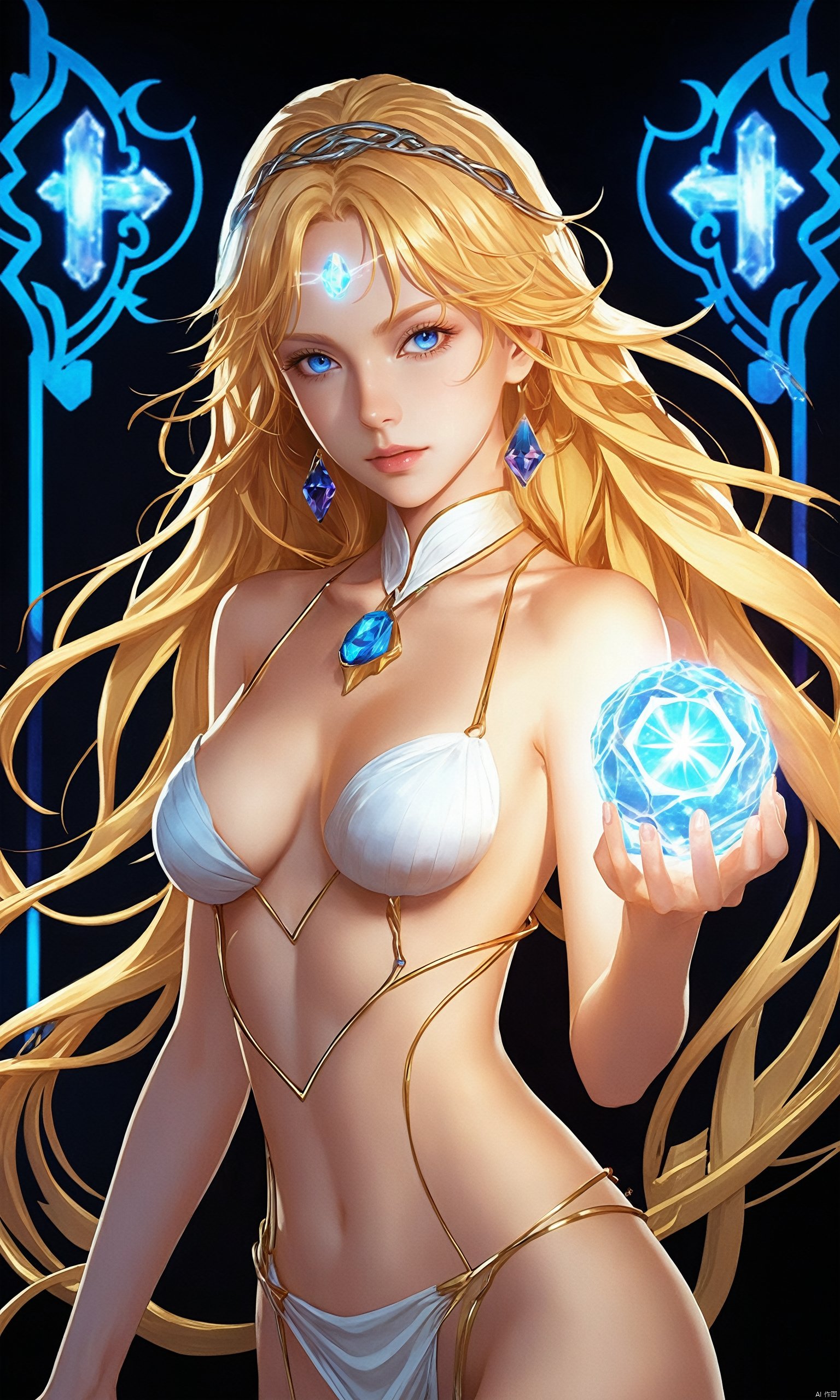 (flat anime style illustration:1.4) of a stunningly beautiful naked 19-year-old wizard girl, blue eyes, costume makeup , golden blonde tousled waves hair, insecurity, holding a gemstone infused with power, summoning its energy, neon lighting, vibrant, colorful lights adding a modern and edgy touch to romantic scenes, in front of a gate carved with mystical runes, humming with arcane energy and guarded by magical beings, artwork by hentai anime studio