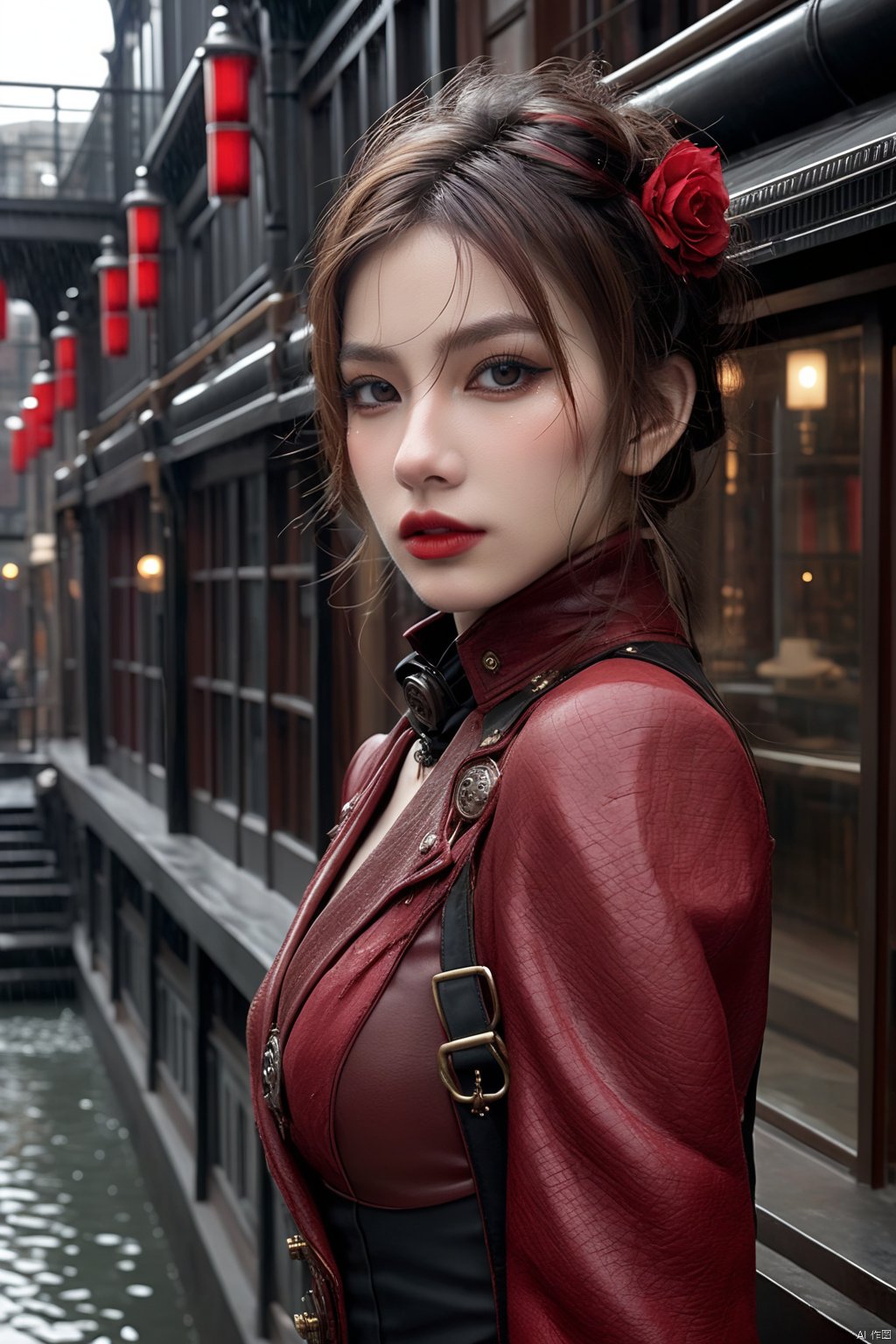  ((masterpiece)),((best quality)),((high detial)),((realistic,)), Industrial age city, deep canyons in the middle, architectural streets, bazaars, Bridges, rainy days, steampunk, European architecture, A mature face,sideways glance, (cold attitude,eyeshadow,eyeliner:0.9),(red lips:1.3),watery eyes, (nsfw), looking at viewer,