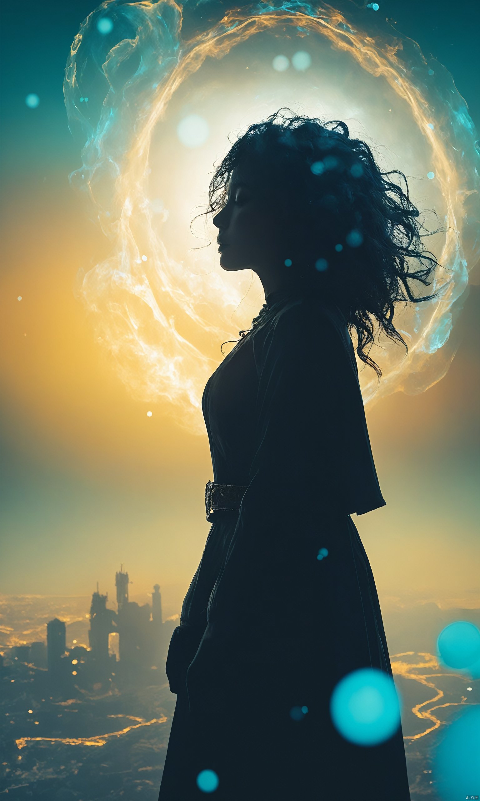 1girl, (from side), (silhouette:1.2), profile, big hair, masterpiece, best quality, light particle, depth of field, field, scenery, fantasy, indigo light, (far away:1.1), cute girl, midriff, tribal sash, pastel colors, chromatic aberration, glow in the dark dark, cloudy sky, space, orange aura, aura, cinematic, dark atmosphere, night , dark hole, glowing eyes, teal light, illumination, light rays, eye in the sky, (grass:0.9), falling petals, oniric portrait of a tall cloaked figure with a white mask, Azem the Traveler, yearning to explore the ends of the world to discover its wonders and help its denizens, by Andy Kehoe, a gradient masterpiece, blue cyan yellow, Rococopunk, luminism, seamless, China ink, Ink Bubbles, Gold leaf lines, alcohol ink elements, curved lines, cinematic, realism, chiaroscuro, Shadow play, Gold leaf small lines, bright splashes of alcohol ink puddles, volumetric light, auras, rays of sunlight, bright colors reflect, isometric, digital art, smog, pollution, toxic waste, chimneys and railroads, 3d render, octane render, volumetrics, by greg rutkowski, anime style