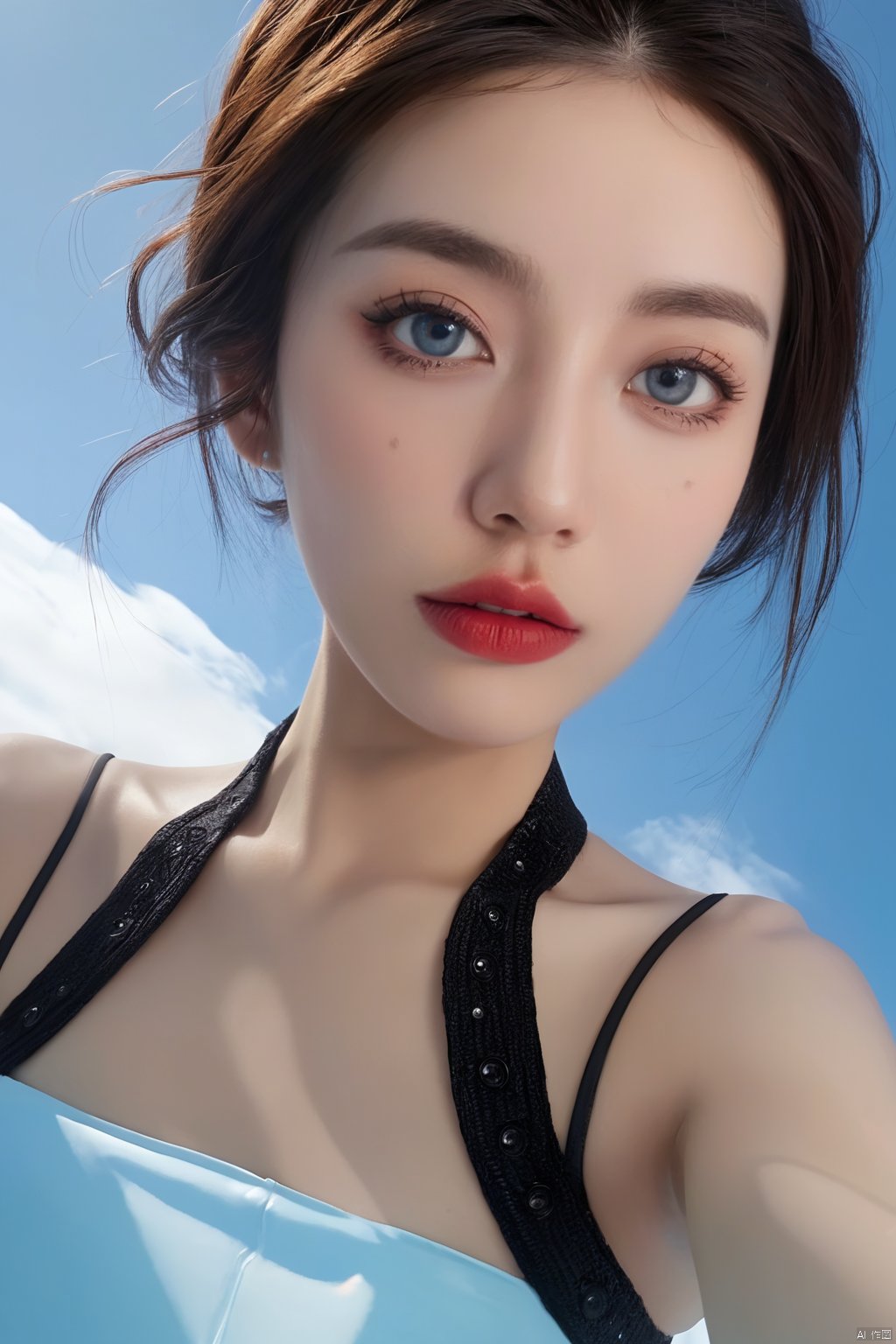 (masterpiece,top quality,best quality,official art,beautiful and aesthetic:1.2), (full body:1.0), Dynamic Angle, Perspective, High Point,pov,(from below:1.2), (Fisheye lens:1.2),jumping, blue eyes,A mature face,sideways glance, (cold attitude,eyeshadow,eyeliner:1.1),(red lips:1.2),watery eyes, A shot with tension,(sky glows,Visual impact,giving the poster a dynamic and visually striking appearance:1.2),Chinese Zen style,impactful picture,