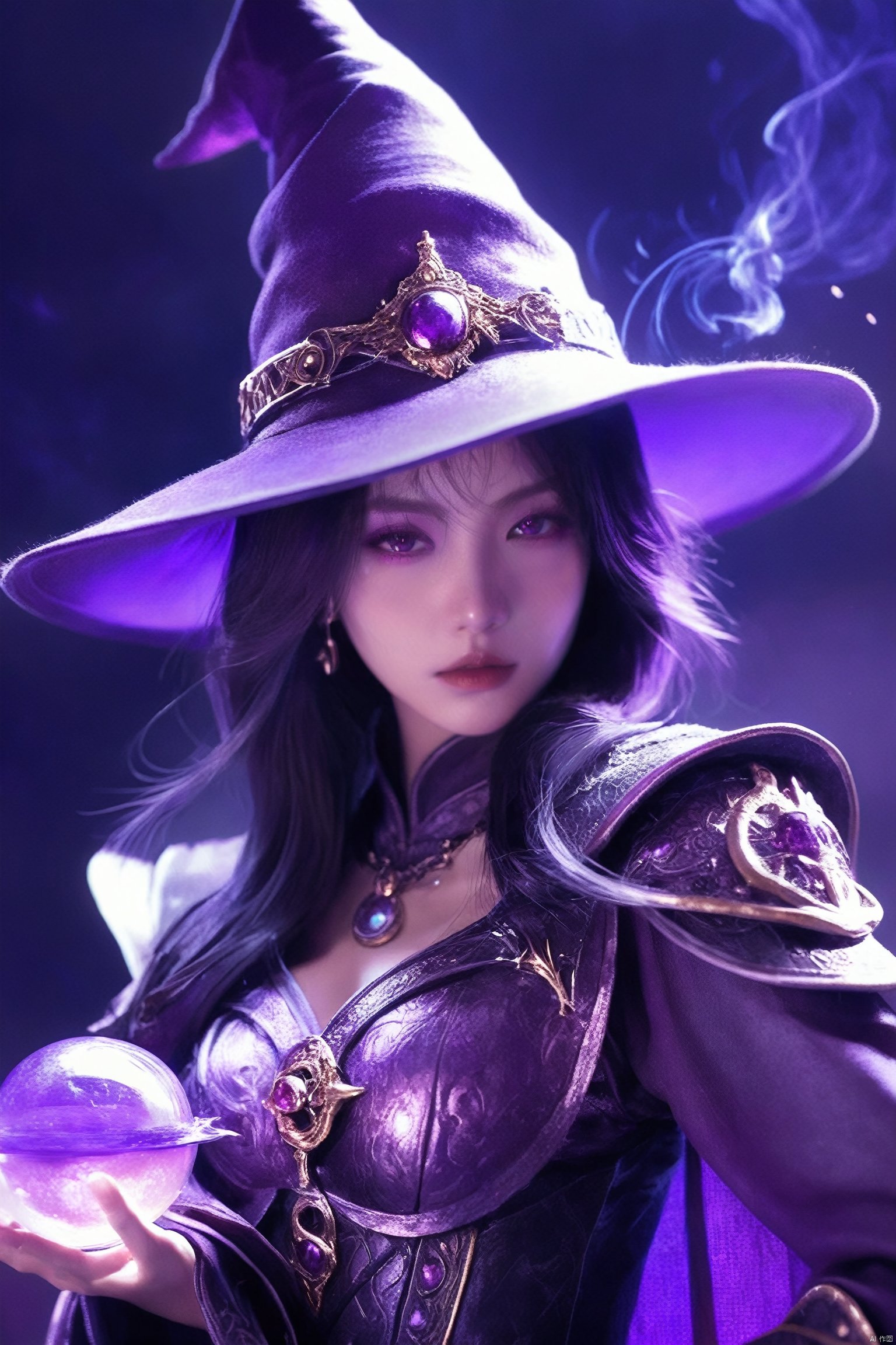  HUBG_Mecha_Armor, official art, 

(Witch, purple wizard's hat, shows purple potion:1.4), solo, hanfu,
magical light effects.
(purple medieval byzantine theme),
cowboy shot, (alive skin), HUBG_Beauty_Girl