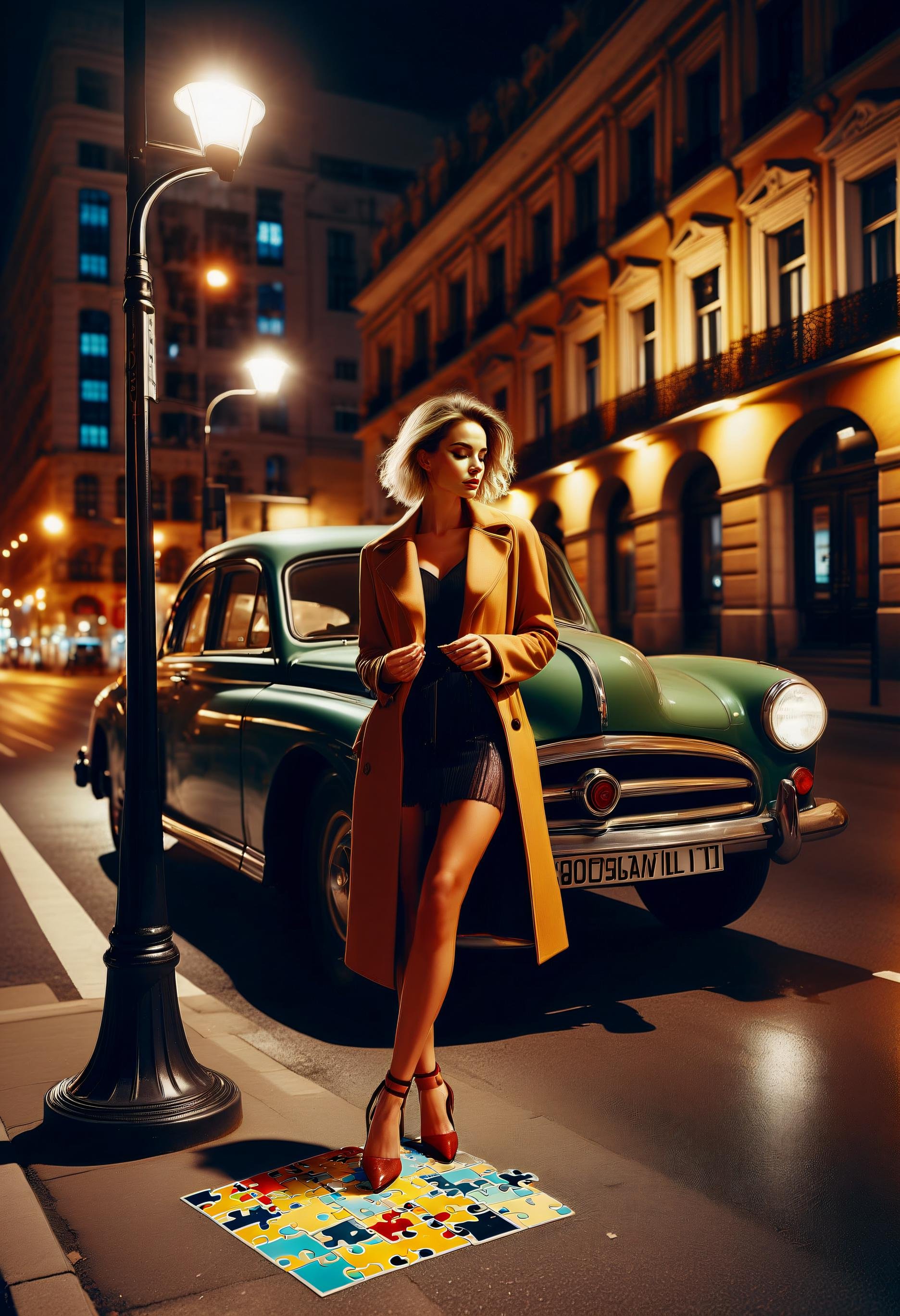 Photograph of  (jigsaw puzzle), a beautiful polish  woman in retro car,a puzzle piece with a car on the street in front of a building and a street light in the background with a crosswalk in the foreground and a building in the foreground , captured on a (Hasselblad X1D II 50C)