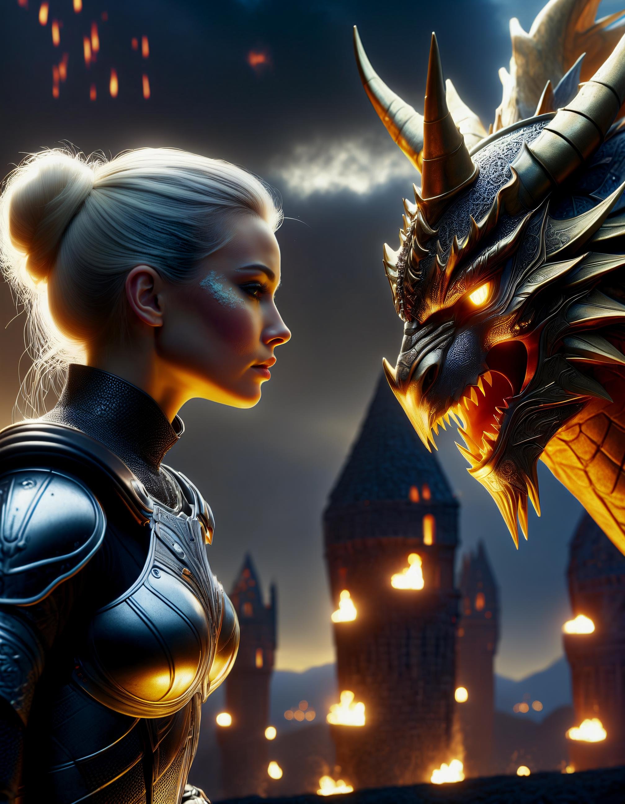 Photograph of   (high budget Hollywood film:1.2),(cinematic film still portrait of )the Nordic woman in white caldari armour on tower, dragon on the sky, side view, led lighting, short hair tied in a bun, deep eyes, one black rose, golden ratio,, raw, 8k UHD, dslr,,visible skin hair, (one very very small skin blemishes:0.7), (natural skin imperfections:0.7),(very small skin pores:0.7)  , captured on a (Hasselblad X1D II 50C)