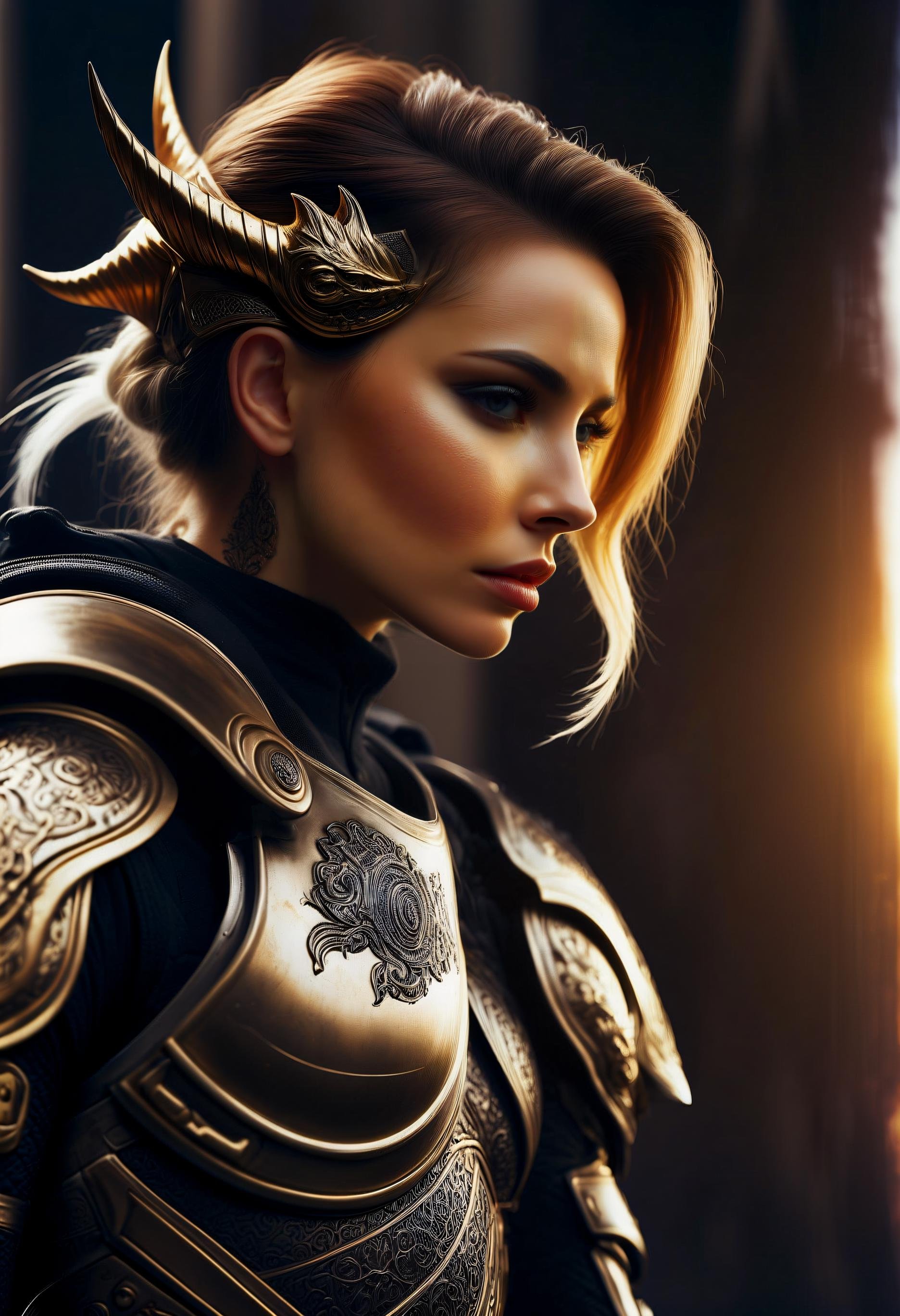 Photograph of   (high budget Hollywood film:1.2),(cinematic film still portrait of )the Nordic woman in white caldari armour on tower, dragon on the sky, side view, led lighting, short hair tied in a bun, deep eyes, one black rose, golden ratio,, raw, 8k UHD, dslr,,visible skin hair, (one very very small skin blemishes:0.7), (natural skin imperfections:0.7),(very small skin pores:0.7)  , captured on a (Hasselblad X1D II 50C)