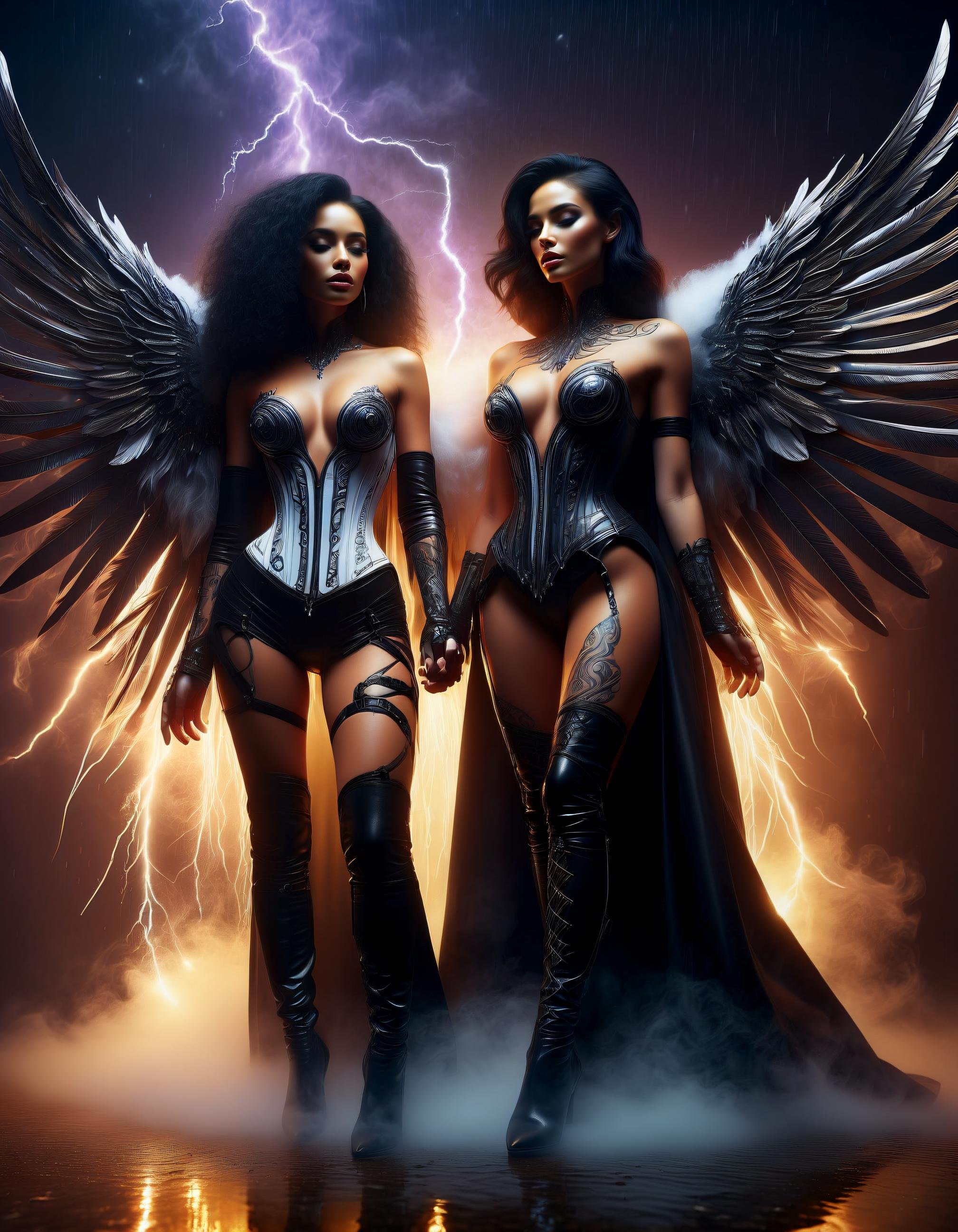 Photograph of  full body portrait of two woman, one in white, one in black, athletic build, with large metallic rainbow feather angel wings, glowing light from behind, floating in heavy rain, (((sexy pose))), lightning flash, Stormy night, white and rainbow leather and lace pants, white and rainbow leather and lace corset, long jacket with hood, white thigh high boots, large boobs, perfect round black iris, surreal biomechanical, dreamlike atmosphere, ferrofluid, ultra detail, perfect composition, alcohol ink, rich colors, beautiful colors, symmetrical, beautiful lighting, reflections, filigree, masterpiece, amazing, beautiful, gothic, nightmarish, grotesque, fantasy gothic, fragmented partscubes, embroidery designe, calligraphy inks, surrealist atmosphere, digital structures creates, tribal culture, complex and inspirational designs, high detail, detailed cosmic background, , captured on a (Hasselblad X1D II 50C)