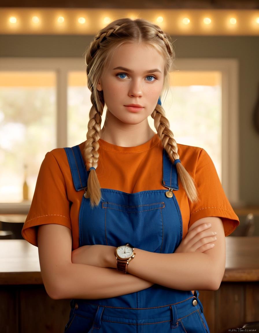 (fflixmj6:1.3), portrait, fflixmj6, digital paint, oil canvas, 1girl, overalls, braid, crossed arms, twin braids, realistic, blonde hair, orange shirt, looking at viewer, long hair, watch, nose, lips, belt, short sleeves, wristwatch, freckles, blue eyes, hair ornament, hair over shoulder, cowboy shot, gun, weapon, handgun, closed mouth