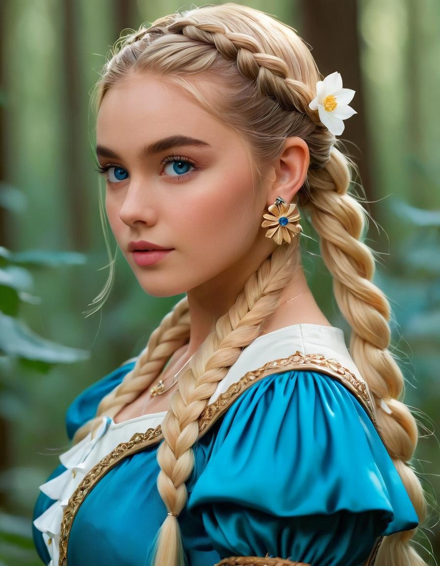 (fflixmj6:1.3), portrait, fflixmj6, 1girl, single braid, looking at viewer, blonde hair, blue eyes, upper body, flower, long hair, parted lips, jewelry, braided ponytail, nature, earrings, hair ornament, nose, forest, outdoors, puffy sleeves, bangs, from side, eyelashes, digital paint, extremely detailed,