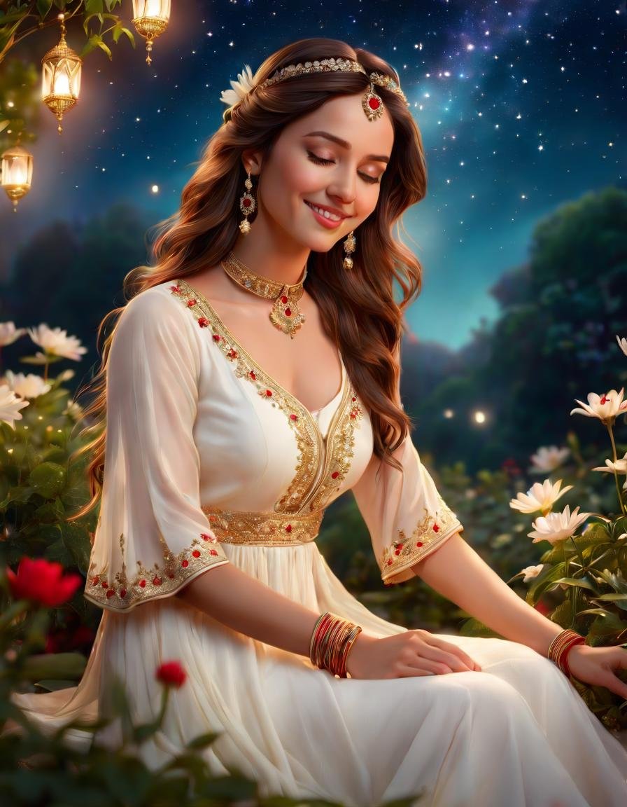 Portrait of a young woman with a peaceful smile, sitting cross-legged in a lush garden under a starry night sky. She has long, wavy brown hair adorned with flowers and wears a flowing white kurta and an embroidered red lehenga. A delicate gold choker and silver bangles with gemstones adorn her neck and wrists. The constellation Orion swirls above her head, casting a soft glow on her closed eyes. The overall mood is one of serenity and spiritual connection.