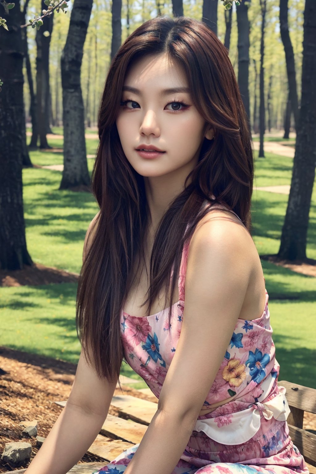 (masterpiece, top quality, best quality, official art, beautiful and aesthetic:1.2), hdr, high contrast, wideshot, 1girl, beautiful korean woman, looking at viewer, relaxing expression, brown hair, soft make up, ombre lips, small breast, petite body, finger detailed, BREAK wearing a floral sun dress, (spring season theme:1.5), windy, spring forest background detailed, BREAK frosty, ambient lighting, insanely detaled face, extreme detailed, cinematic shot, realistic ilustration, (soothing tones:1.3), (hyperdetailed:1.2),Masterpiece