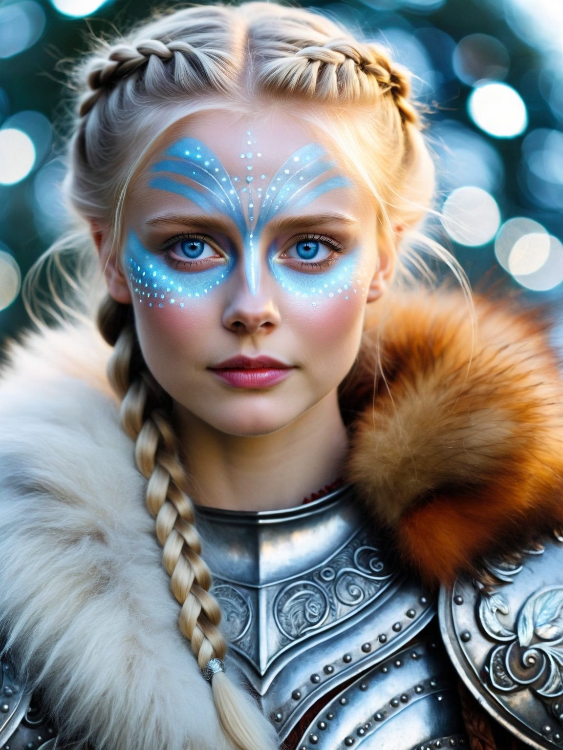cinematic film still A fiercely proud Nordic girl stands, her presence exuding unwavering strength. Her blonde braids cascade down her back, framing a face marked by determination and resilience. This stunning portrait captures her piercing blue eyes, reflecting the icy landscapes of her homeland. The intricate details of her embroidered Viking armor and fur-lined cloak speak of her warrior spirit. This high-quality painting seamlessly combines power and grace, drawing the viewer into the captivating story of a fierce Nordic warrior princess. playful body manipulations, divine proportion, non-douche smile, gaze into the camera, holographic shimmer, whimsical lighting, enchanted ambiance, soft textures, imaginative artwork, ethereal glow, silent Luminescence, whispering Silent, iridescent Encounter, vibrant background, by Skyrn99, full body, (((rule of thirds))), high quality, high detail, high resolution, (bokeh:2), backlight, long exposure:2, shallow depth of field, vignette, highly detailed, high budget Hollywood film, bokeh, cinemascope, moody, epic, gorgeous, film grain