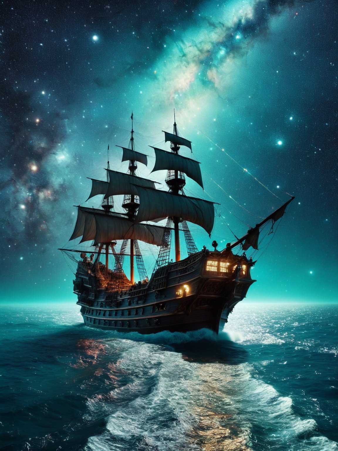 space-themed Pirate ship sailing into a bioluminescence sea with a galaxy in the sky), epic, 4k, ultra . cosmic, celestial, stars, galaxies, nebulas, planets, science fiction, highly detailed, RAW candid cinema, 16mm, color graded portra 400 film, remarkable color, ultra realistic, textured skin, remarkable detailed pupils, realistic dull skin noise, visible skin detail, skin fuzz, dry skin, shot with cinematic camera