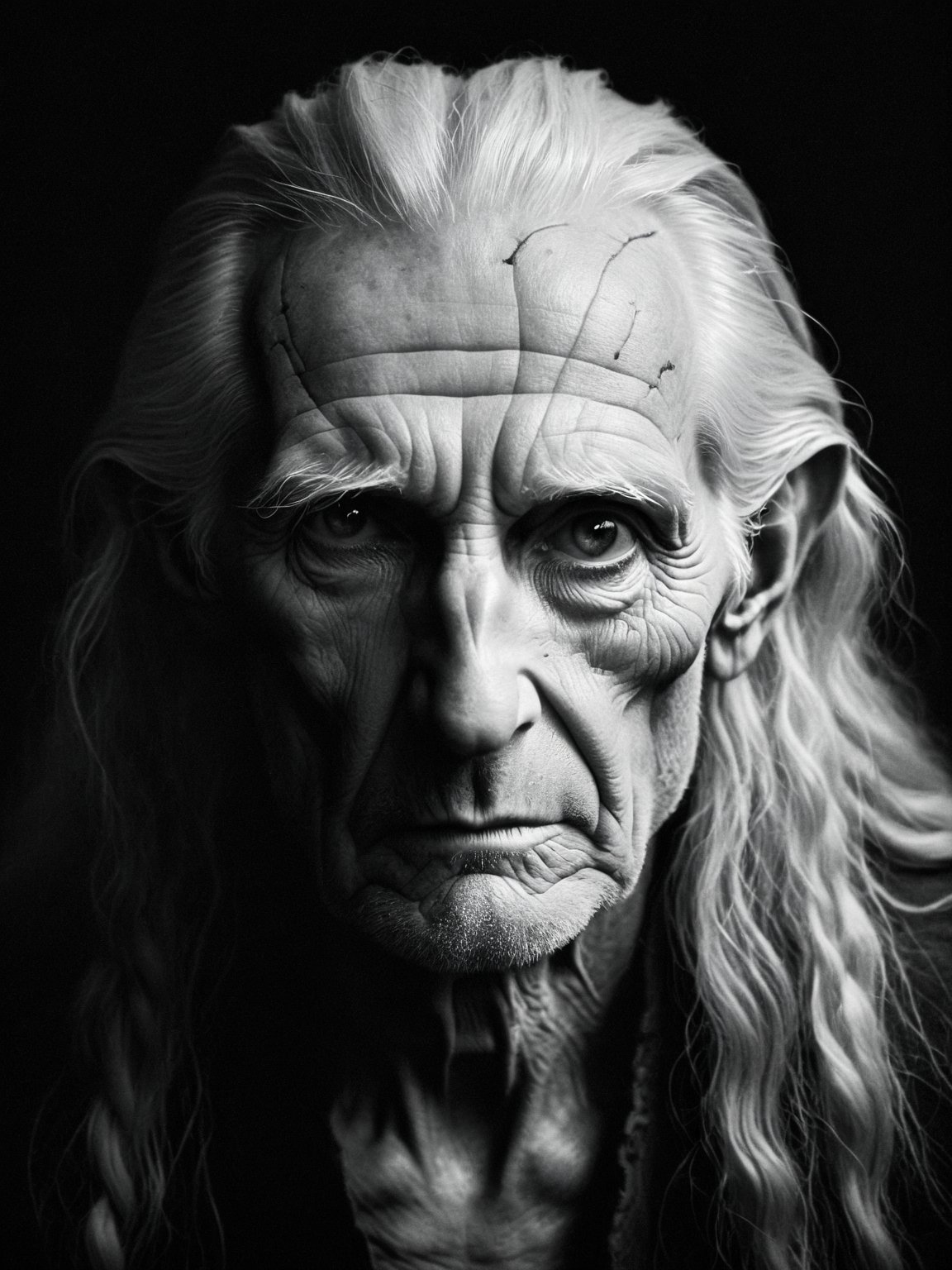 Dark Fantasy Art, Worn down by the passage of time, he gazes at the lens. The wrinkles and marks on his skin depict a past made of sorrows and joys, with lost and forgotten opportunities. His eyes are of kindness and wisdom, plagued with fatigue. Around him are trinkets from his quiet workshop. He has long, white hair. Ultra-realistic, Ultra-detailed, 4K, vintage, sombre, monochrome, dark, moody, dark fantasy style, (b&w, Monochromatic, Film Photography:1.3),  Photorealistic, Hyperrealistic, Hyperdetailed, film noir, analog style, soft lighting, subsurface scattering, realistic, heavy shadow, masterpiece, best quality, ultra realistic, 8k, golden ratio, Intricate, High Detail, film photography, soft focus