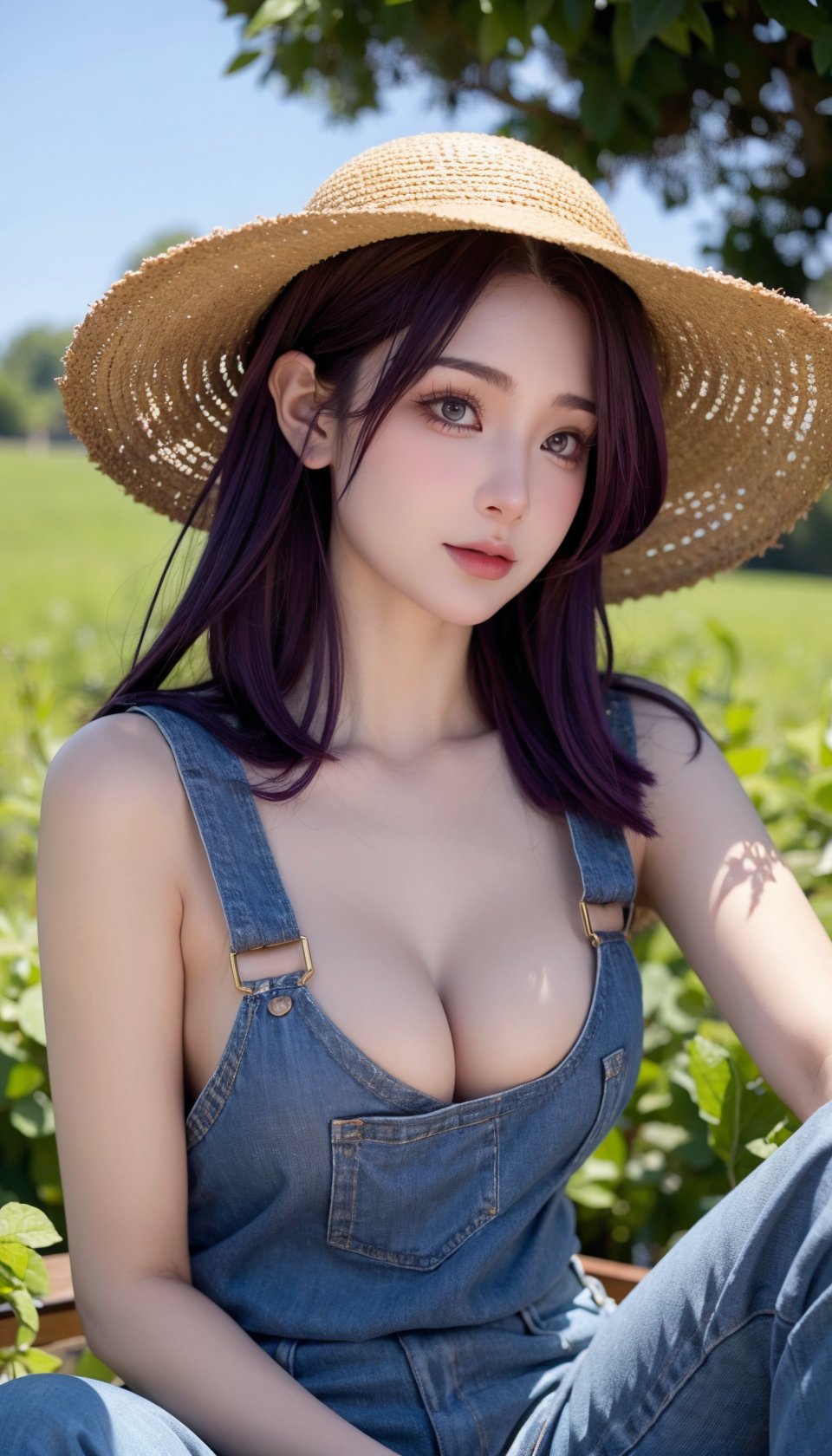 1girl, young girl, lovely_purple eyes, dark red, frohawk, arrogant _face, shiny skin, medium breasts, nice leg line:1.3, thick thighs, thin waist, Farmer, Simple, functional clothing appropriate for outdoor work, such as a straw hat, overalls, and sturdy boots, A large field or farm with crops growing and Japanese cucumber, Tending to the land, with a Japanese cucumber in hand, Planting seeds or harvesting crops, tending to livestock, Content and at peace, High_point_with_a_clear_view_of_the_stars, looking at viewer, random pose, dynamic angle, cleavage, bare shoulders, masterpiece, best quality, nose blush,Masterpiece