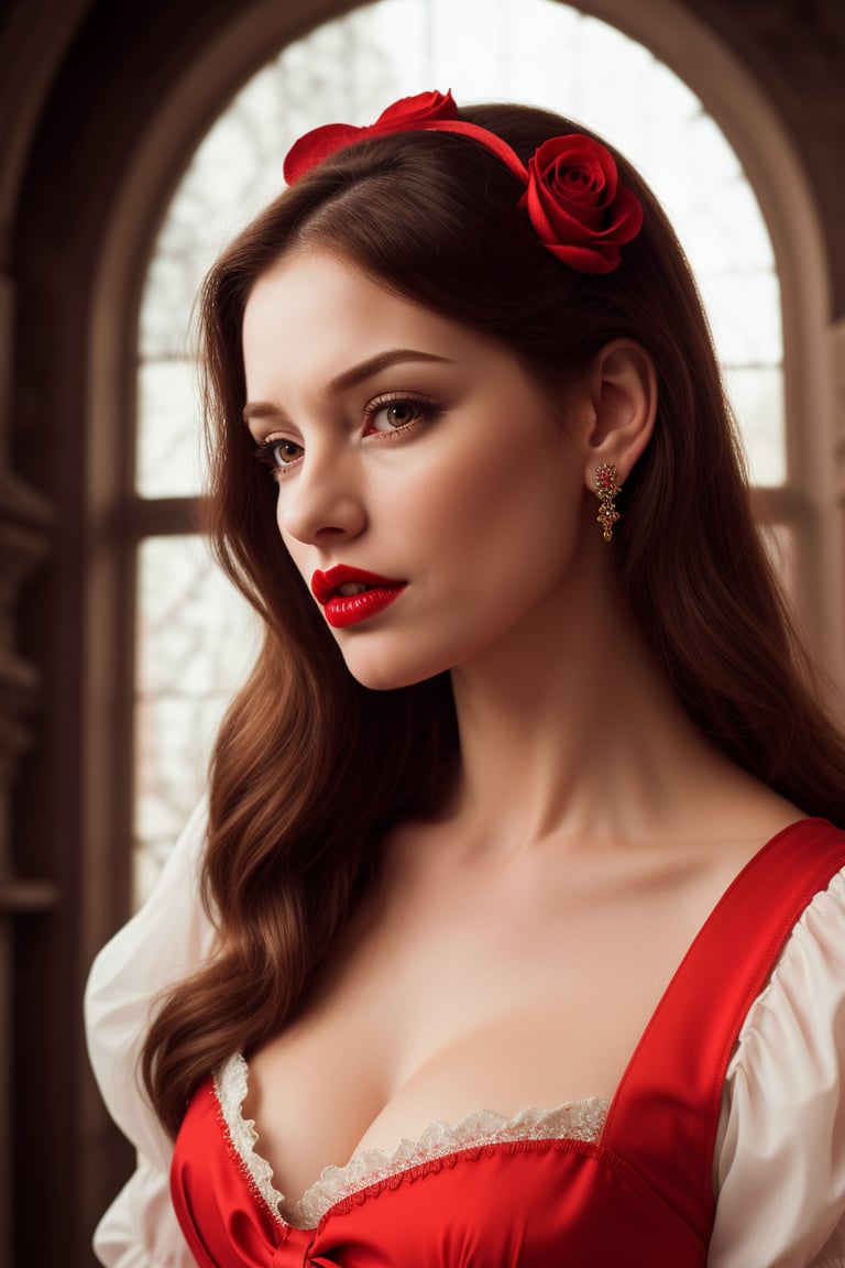 (cute theme), medieval theme, fantasy fiction, dreamy. portrait of a woman, maid dress, red lips, she is sad, bow head down, rose symbolism decoration. (masterpiece:1.2), glow red