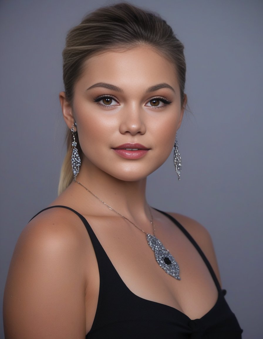 OliviaHolt,<lora:OliviaHoltSDXL:1>,Realistic photo of a beautiful woman, 1girl, solo, looking at viewer, (((black hair))), dress, jewelry, upper body, ponytail, earrings, necklace, lips, black background, backless outfit, realistic, soft lighting, professional Photography, Photorealistic, detailed, RAW, analog, sharp focus, 8k, HD, DSLR, high quality, Fujifilm XT3, film grain, award winning