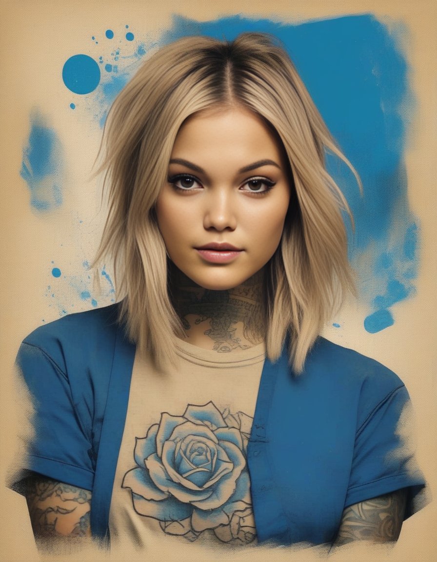 OliviaHolt,<lora:OliviaHoltSDXL:1>,an illustration of a girl with tattoos on a grunge background, in the style of bo chen, bold graphic comic book art, dark beige and blue, raymond leech, 32k uhd, ai weiwei, bold posters