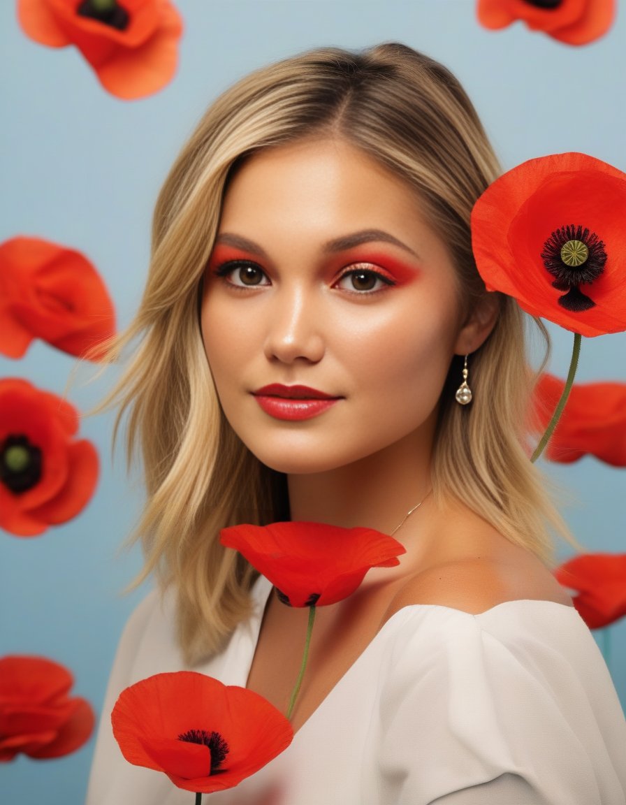 OliviaHolt,<lora:OliviaHoltSDXL:1>,A splash of vibrant color amidst a monochromatic background, a single red poppy tucked behind a woman's ear, symbolizing hope and resilience amidst hardship. (Resilience in adversity, a touch of whimsy, powerful symbolism)