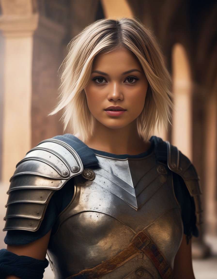 OliviaHolt,<lora:OliviaHoltSDXL:1>   Roman soldier, fighting in the colloseum, portrait, mid shot, misty, foggy, wearing a roman (full body armor), chainmail, roman helmer, roman empire, determined expression, epic posture, muscular body, ,((perfect eyes, detailed eyes,realistic eyes)), (masterpiece, best quality, ultra-detailed, best shadow), high contrast, (best illumination), ((cinematic light)), colorful, hyper detail, dramatic light, intricate details, (1 girl, solo) , ultra detailed artistic photography, dreamy, backlit, shadows, ultra high definition, 8k, ultra sharp focus, ultra high quality model, soft lighting, film photography, analogue photography, hyperrealism,, ,((sharp face, detailed face, realistic face, naturtal skin, realistic skin, detailed skin, pores))