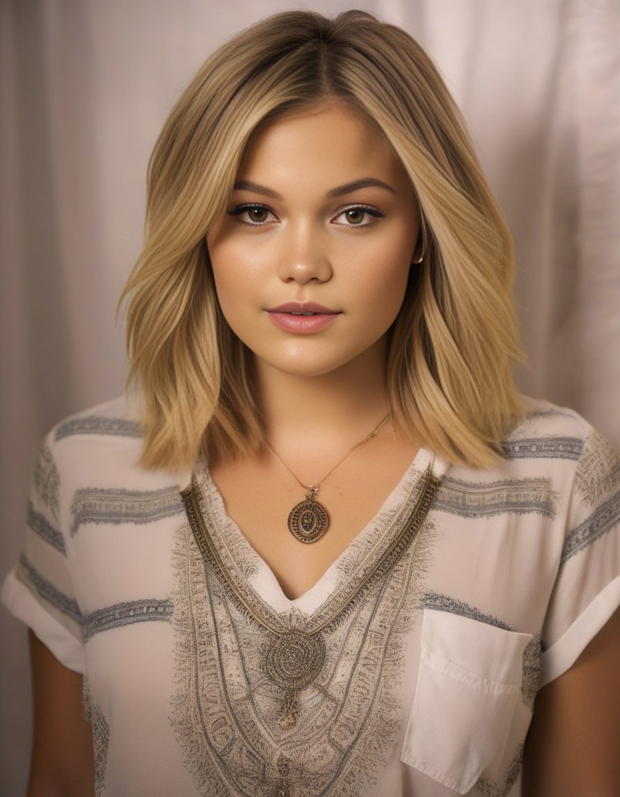 OliviaHolt,<lora:OliviaHoltSDXL:1>,A close-up portrait of a young beautiful (Scottish | French | Spanish | Iraqi ) girl, soft natural skin, long layered bob hair style, slim with curves, Persian Paisley shirt, beautiful diamond necklaces and rings, highly details, soft lighting, {{{masterpiece))), (((super-realistic)))