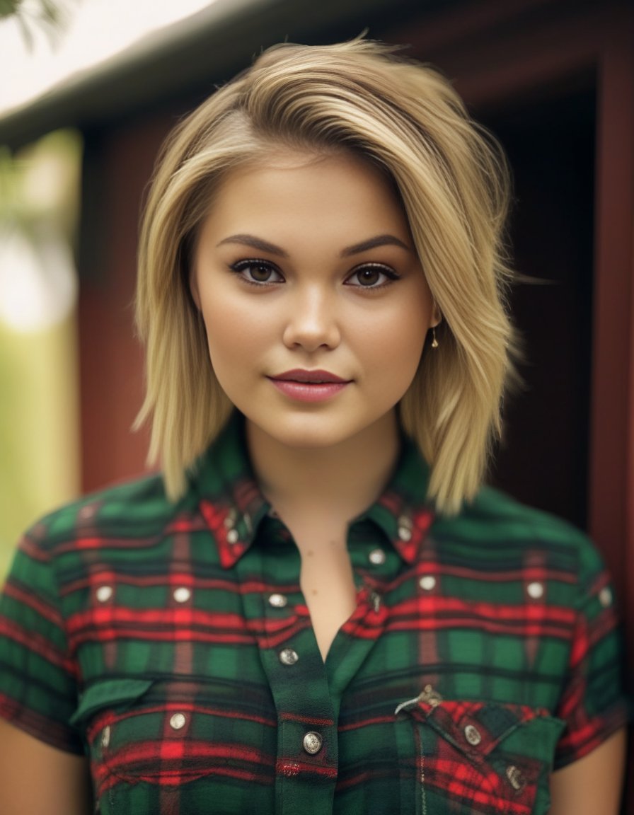 OliviaHolt,<lora:OliviaHoltSDXL:1>,A portrait of a young beautiful girl, natural complexion soft skin, under cut hair style, highly details, slim-with-curves, green-red Tartan  shirt, outdoor setting, establishing shot
