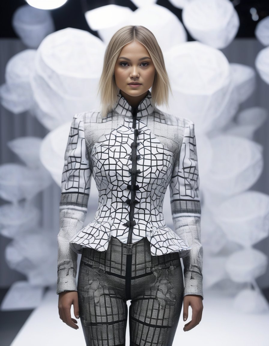 OliviaHolt,<lora:OliviaHoltSDXL:1>,An elegant female super model at London Fashion Week, wearing a costume designed by Thom Browne with design elements including 3D generative Voronoi artwork created by artificial intelligence black-white textile materials polarized.toplight lighting photographed with Sony A7 IV