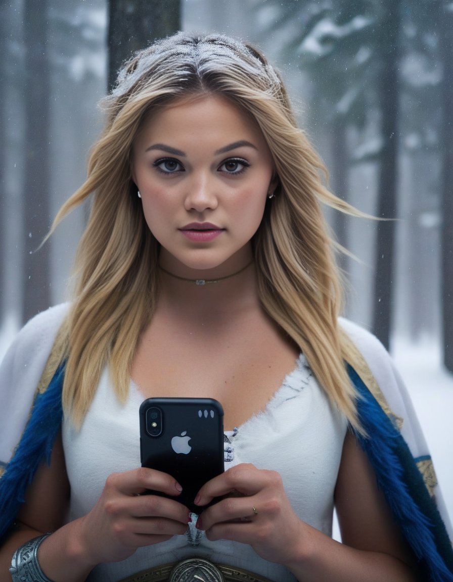 OliviaHolt,<lora:OliviaHoltSDXL:1>, photograph, Compelling athletic Female cosplaying as Freyja, Snowing, Iphone X, Low shutter