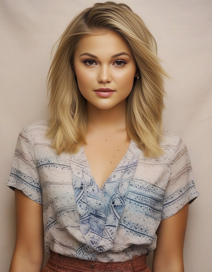 OliviaHolt,<lora:OliviaHoltSDXL:1>,A waist-up portrait of a young beautiful brunette girl, lip-gloss, (freckles:0.5) skin, asymmetrical cut hair style, "slim with curves", (breasts:0.8), (batik:1.55) shirt