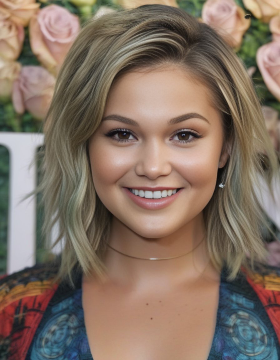 OliviaHolt,<lora:OliviaHoltSDXL:1>,hires close up photo of woman outdoors, looking looking at camera, smiling, colorful high neck curly black hair, ultra-detailed, photorealistic, intricate details, perfect face, full sharp, detailed face