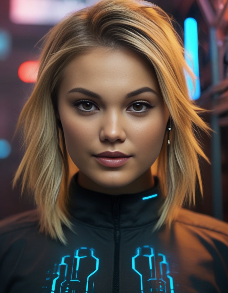 OliviaHolt,<lora:OliviaHoltSDXL:1>,(professional photography), (cyberpunk background), ((as a cyberpunk girl)), detailed face, (medium body portrait), (blonde hair), masterpiece, best quality, (eye contact), (looking at the viewer), centred, (shot from front), ((cinematic lighting)), blurred_background, proportional