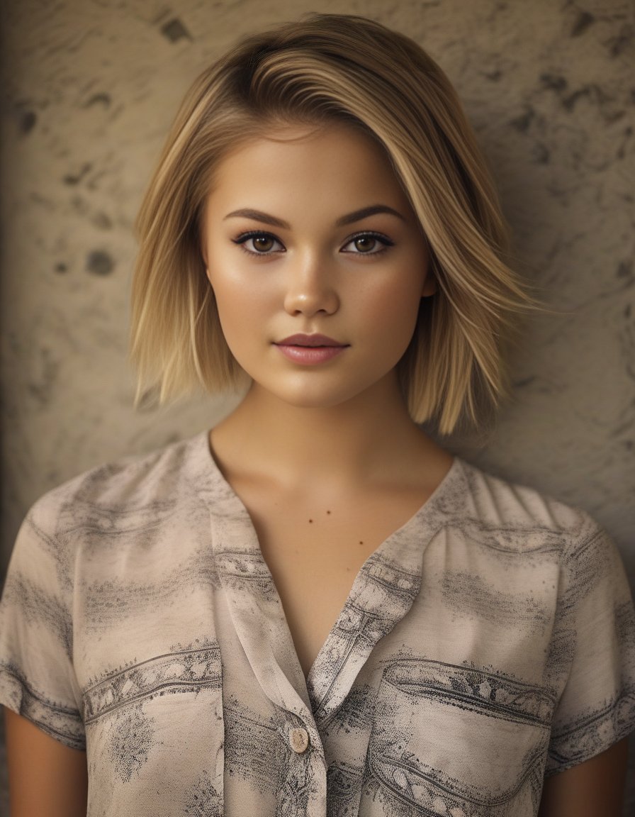 OliviaHolt,<lora:OliviaHoltSDXL:1>,A waist-up portrait of a young beautiful girl, (freckles:0.96) skin, blunt cut hair style, "slim with curves",  batik shirt. This image, characterized by its Minimalism style and outdoor background that was recognized as a contest winner. It has been featured on CG Society.