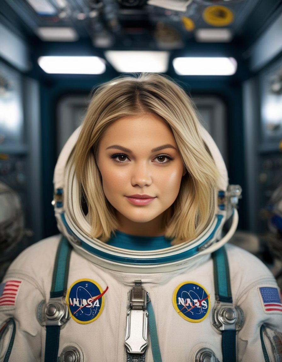 OliviaHolt,<lora:OliviaHoltSDXL:1>,photo,detailed background, stunning beauty, high quality photo, perfect composition, perfect details and textures, highly detailed, front view, looking at camera, perfect lighting, with an astronaut suit in the space station