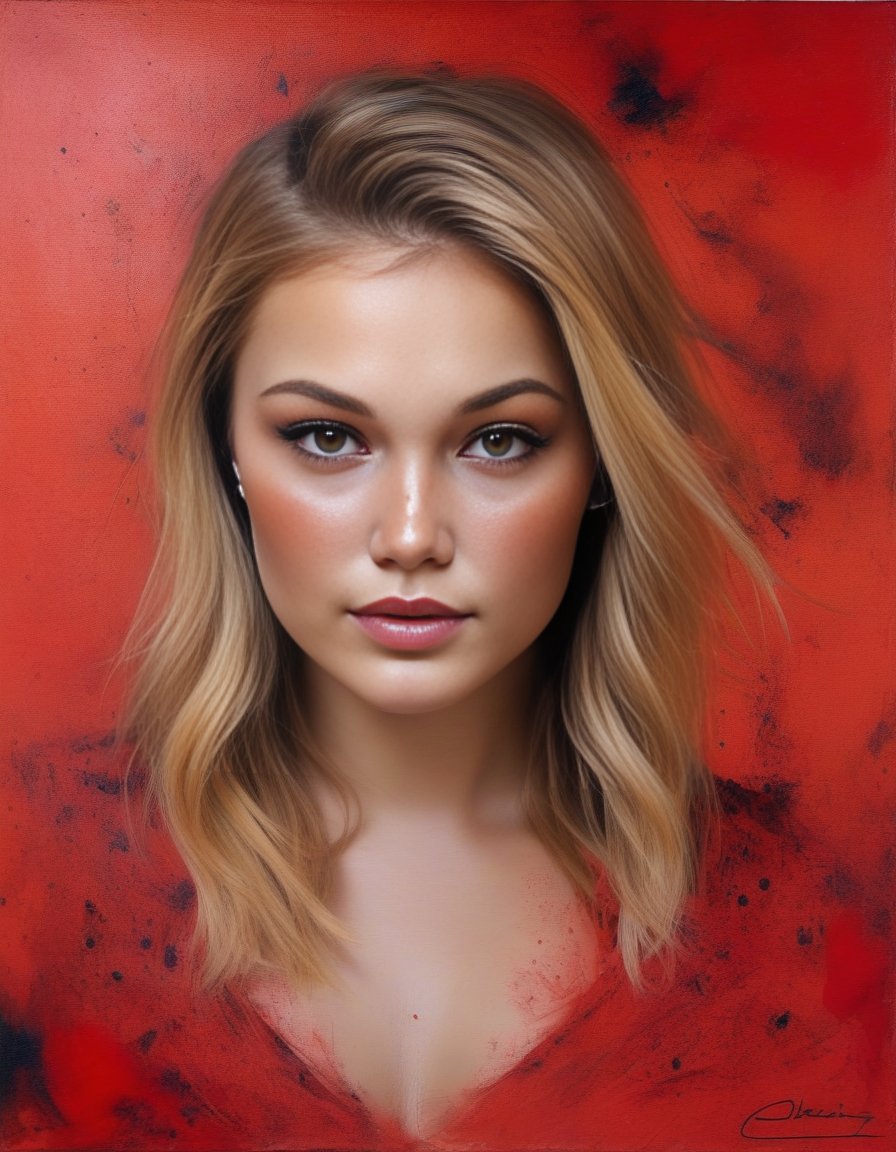 OliviaHolt,<lora:OliviaHoltSDXL:1>,A painting, beautiful woman (freckles),  (((red ominous war))) [in the style of Anna Razumovskaya and Clovis Trouille:0.4]