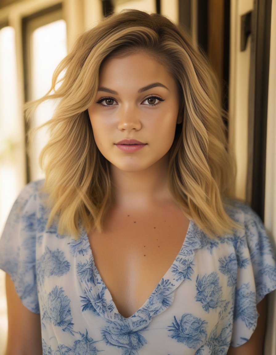 OliviaHolt,<lora:OliviaHoltSDXL:1>,A portrait of a woman with full, curly hair and fair, freckled skin. She has light-colored eyes and wears minimal makeup. Her expression is serene and self-assured. She is dressed in a blue and white floral V-neck dress. The setting suggests a beach atmosphere, with soft natural light enhancing her features.
