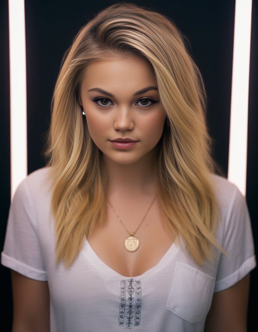OliviaHolt,<lora:OliviaHoltSDXL:1>,Realistic photo of a beautiful  woman, 1girl, solo, long hair, breasts, looking at viewer, blue eyes, blonde hair, shirt, cleavage, jewelry, collarbone, upper body, short sleeves, earrings, belt, lips, hoop earrings, realistic, nose, soft lighting, professional Photography, Photorealistic, detailed, RAW, analog, sharp focus, 8k, HD, DSLR, high quality, Fujifilm XT3, film grain, award winning