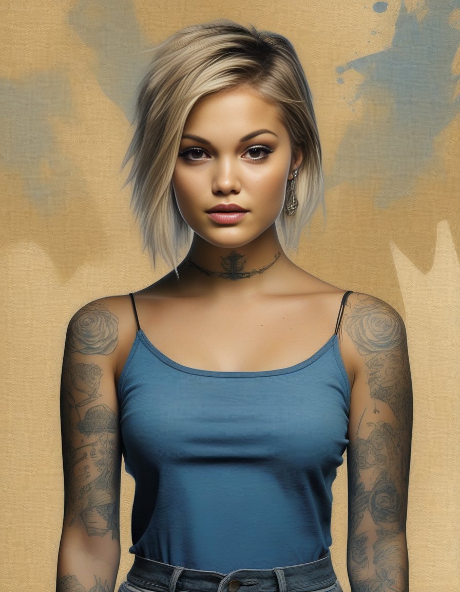 OliviaHolt,<lora:OliviaHoltSDXL:1>,an illustration of a girl with tattoos on a grunge background, in the style of bo chen, bold graphic comic book art, dark beige and blue, raymond leech, 32k uhd, ai weiwei, bold posters